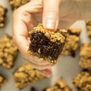 close-up of a hand holding a vegan fig bar