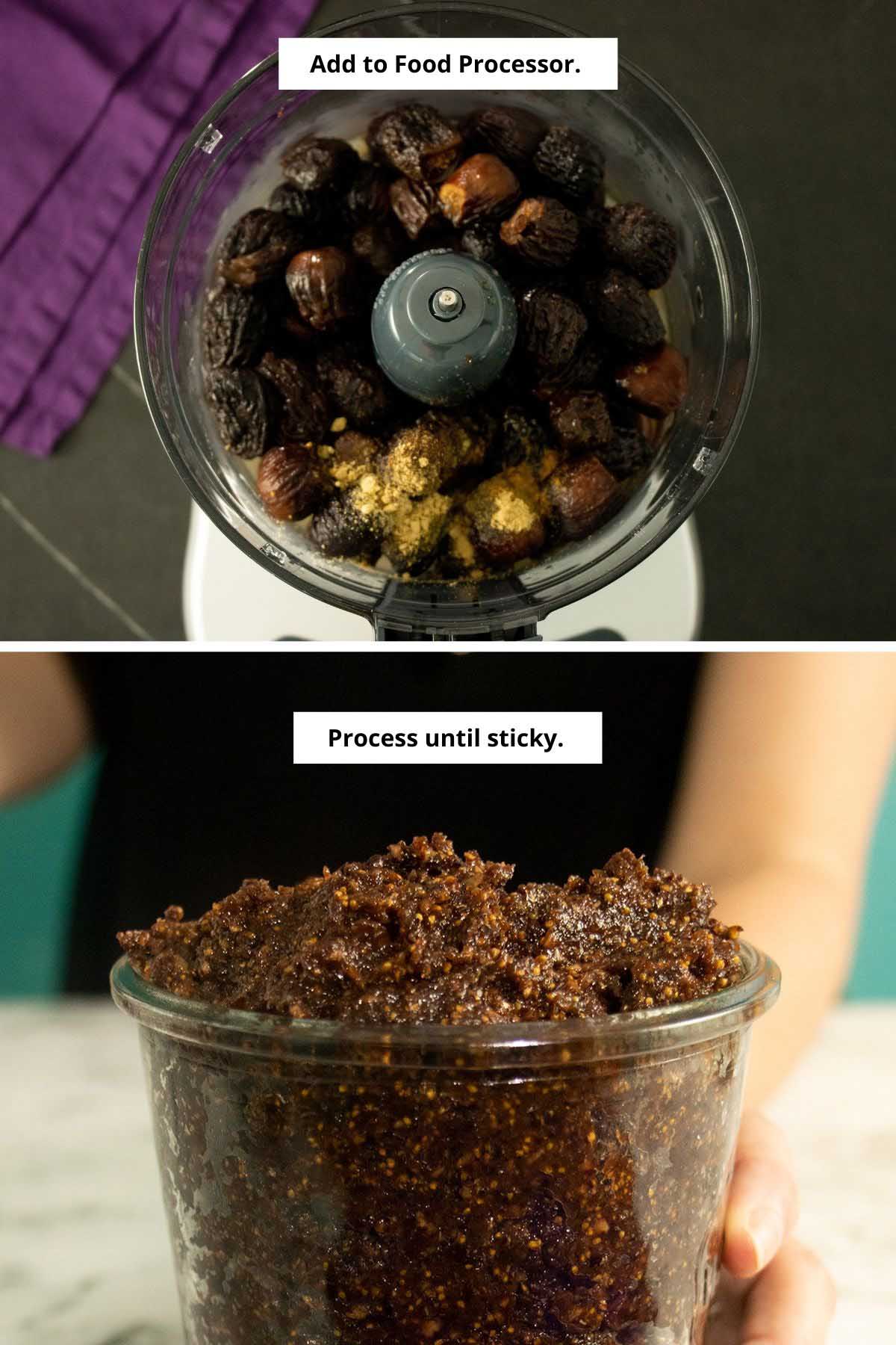 image collage of fig spread ingredients in the food processor and the finished spread in a jar