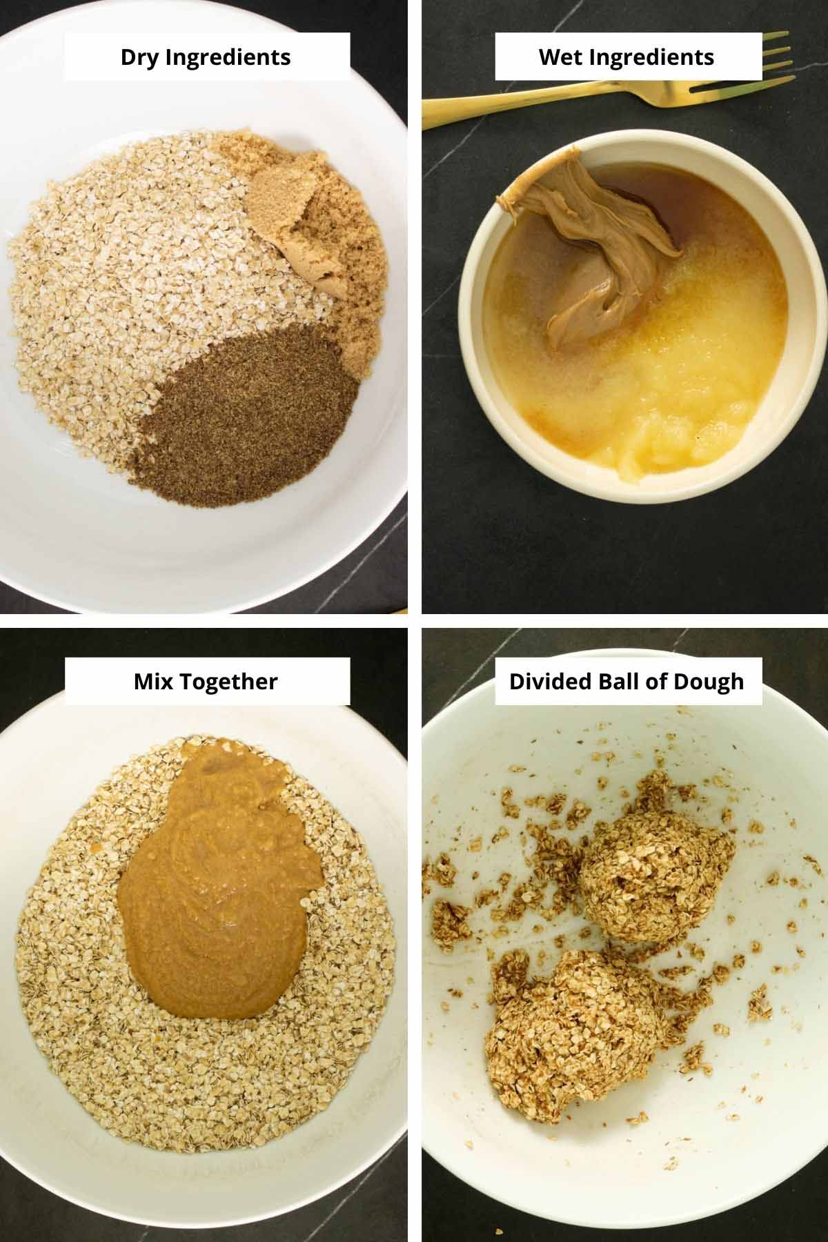 image collage showing dry ingredients, wet ingredients, mixing them together, and the finished granola dough