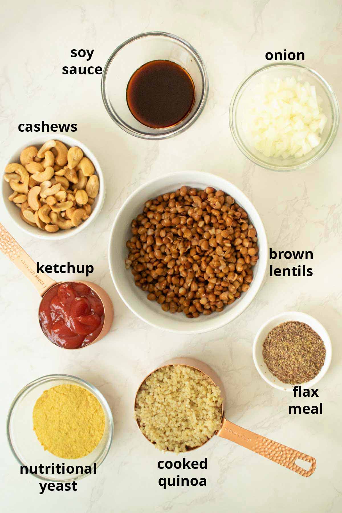 quinoa lentil meatloaf ingredients on a white table