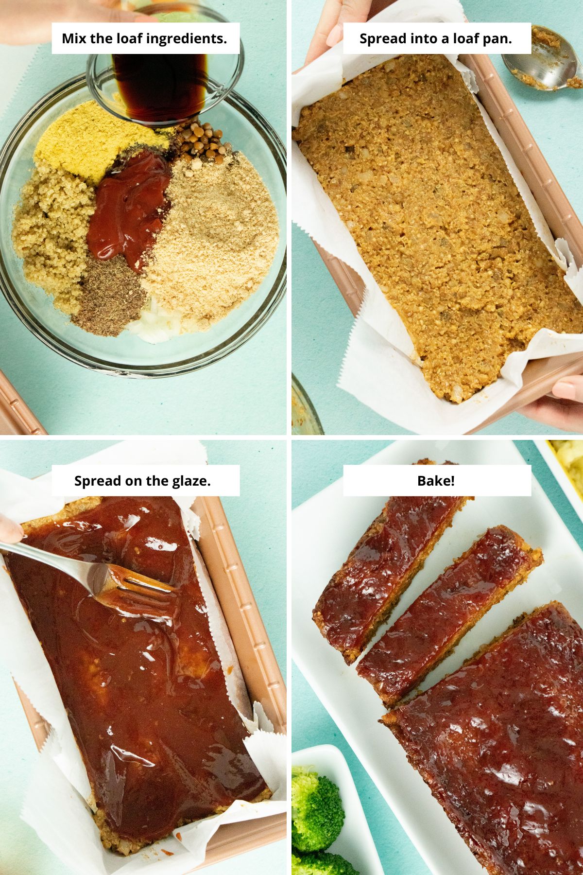 image collage showing the loaf ingredients in a bowl, the mixture spread into a pan, topping it with the glaze, and the finished loaf