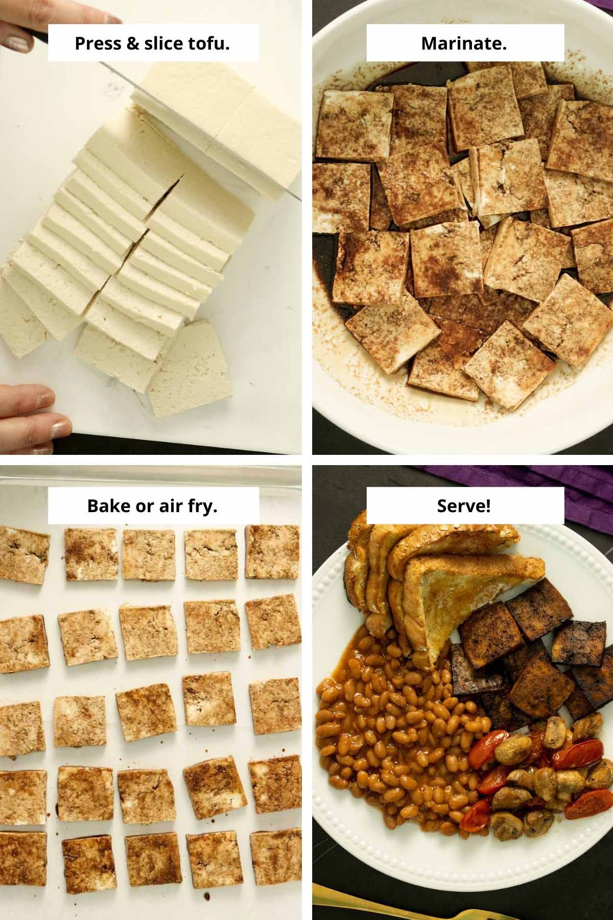 process collage showing slicing the tofu, marinating it, laying it on the baking sheet, and a serving suggestion