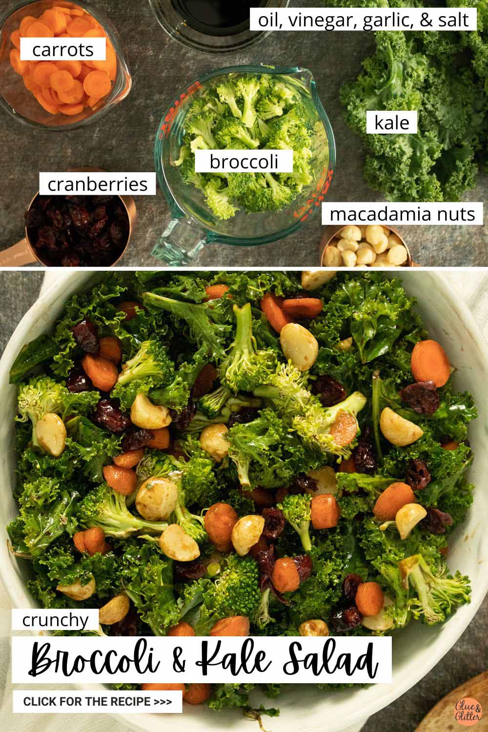 image collage showing veggies, cranberries, dressing, and nuts in bowls on a slate table and a picture of the finished salad all tossed together