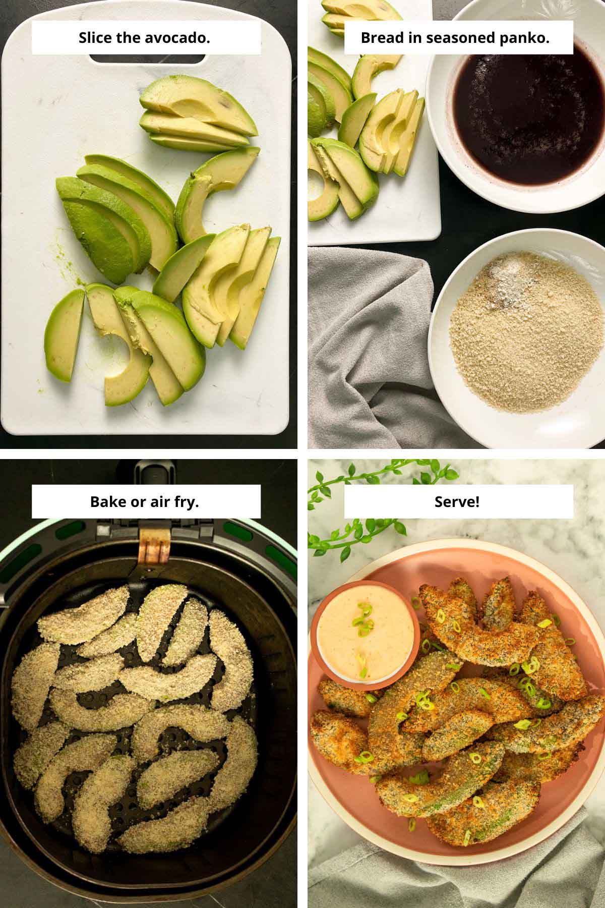 image collage showing avocado slices, breading ingredients, breaded slices in the air fryer, and the fries after cooking