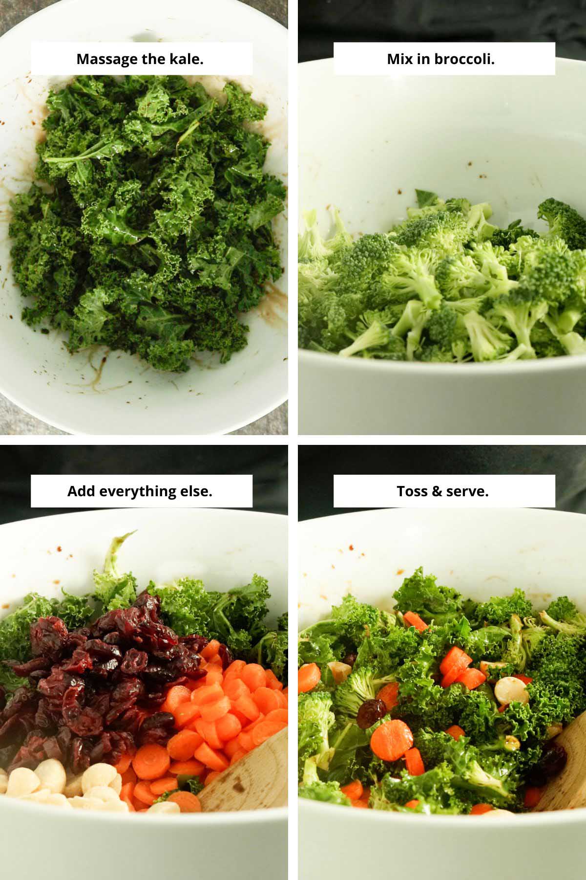 image collage showing massaged kale, broccoli in the mixing bowl, adding the cranberries, carrots, and nuts, and the salad all mixed together