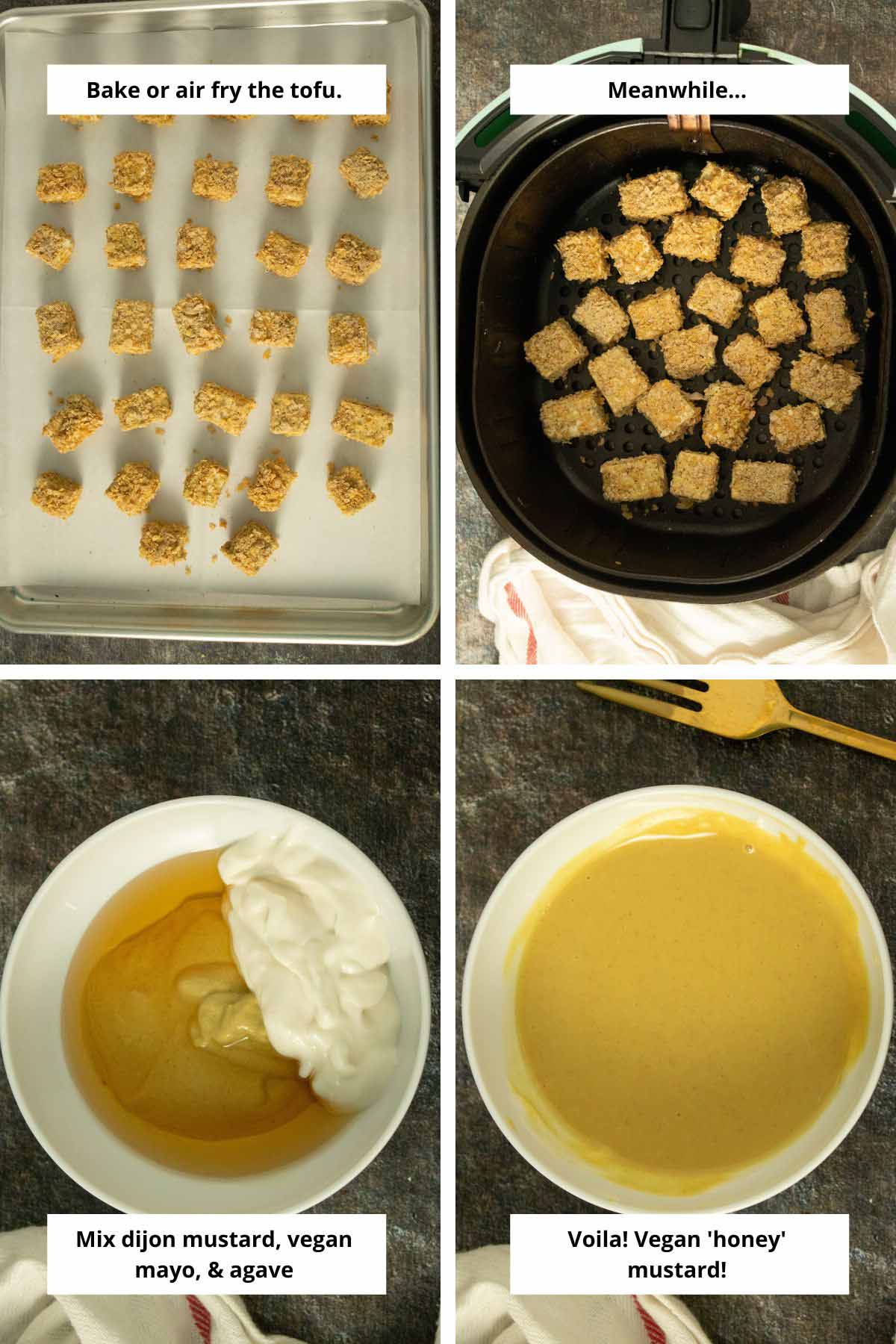 image collage showing the tofu nuggets on a baking sheet and in an air fryer basket and the dipping sauce ingredients before and after whisking them together