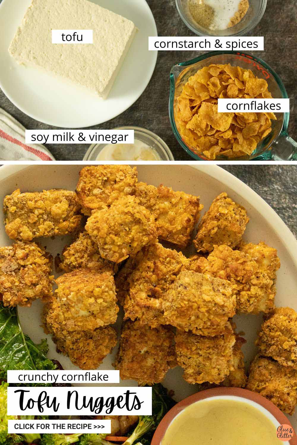 image collage showing tofu, cornflakes, vegan buttermilk, and a bowl of spices on a slate table and a picture of the finished tofu nuggets