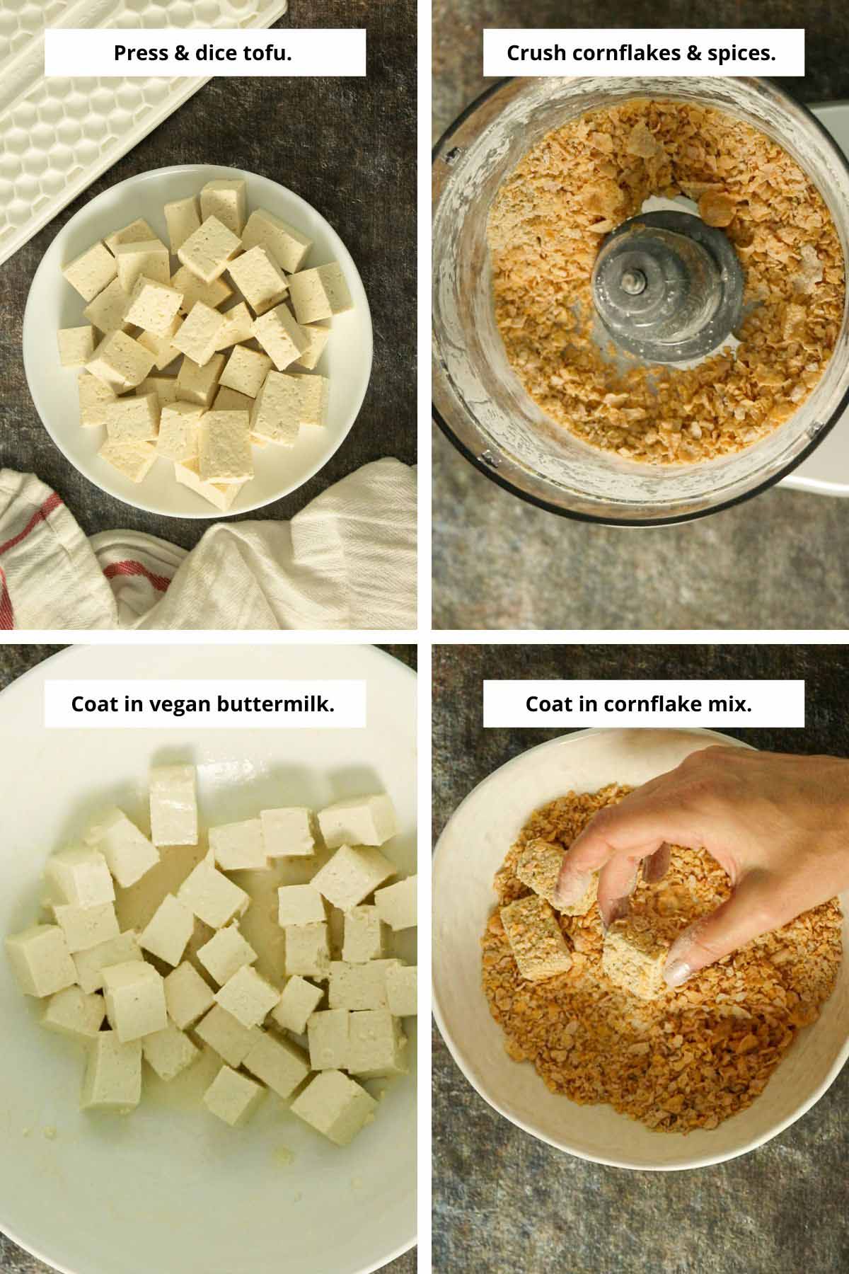 image collage showing the tofu pieces, the cornflake mixture, the tofu in the vegan buttermilk and a close-up of a piece of tofu after coating that's ready to cook