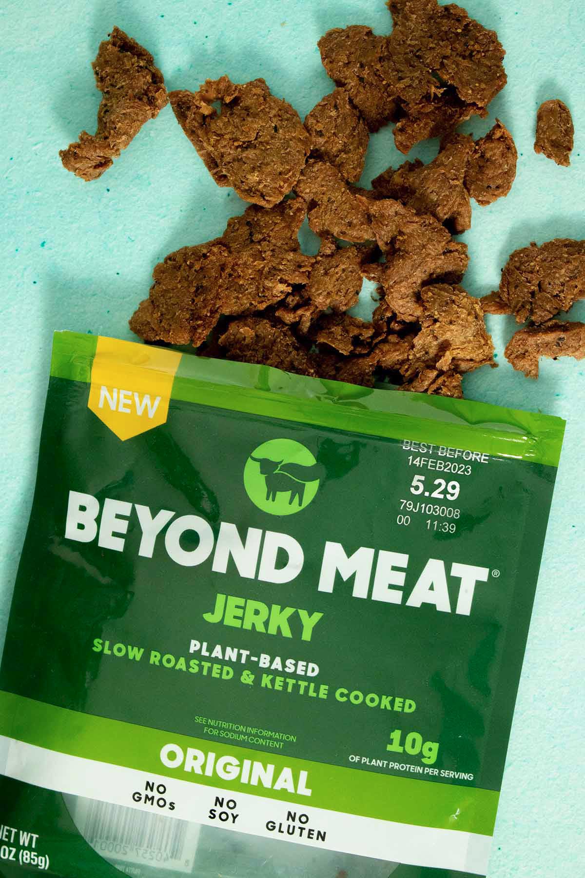 bag of Beyond Meat jerky, original flavor, with jerky spilling out of the top