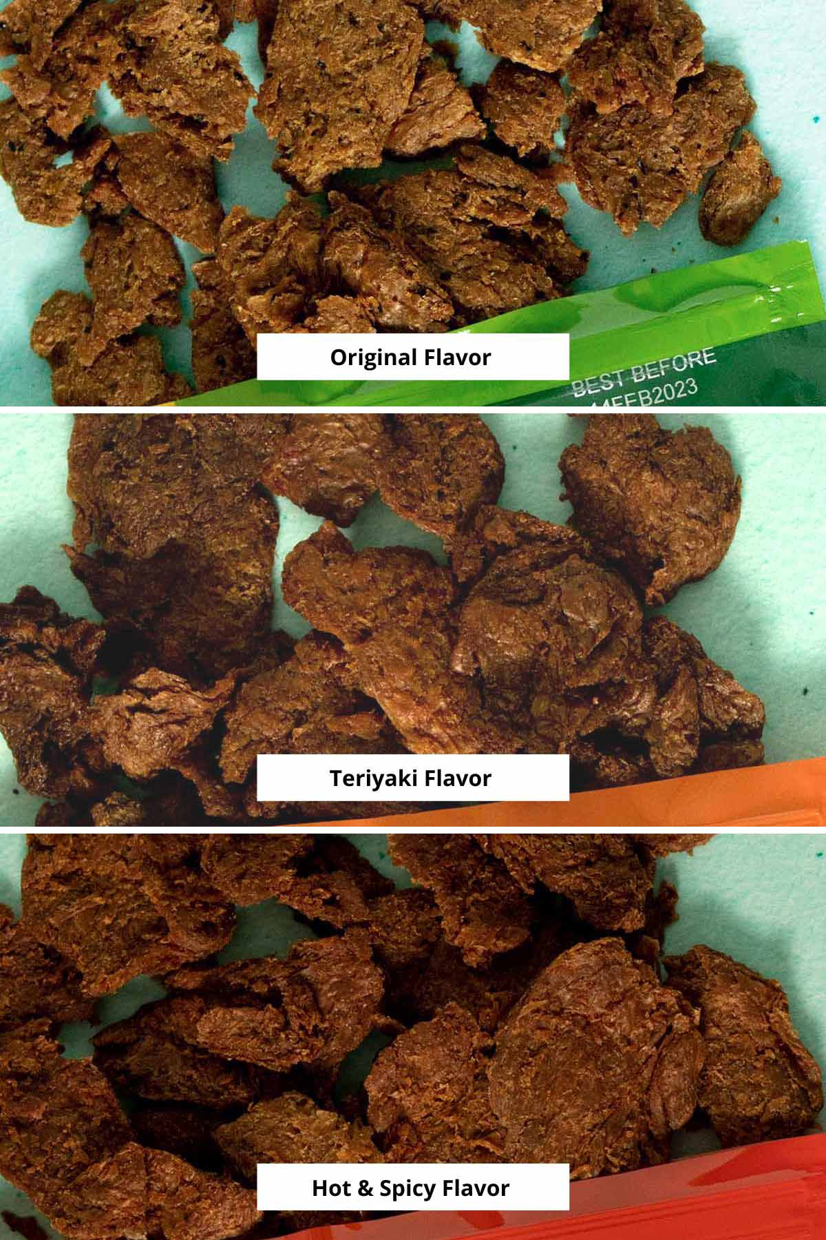 image collage showing close-ups of all 3 flavors of Beyond Meat Jerky: original, teriyaki, and hot & spicy