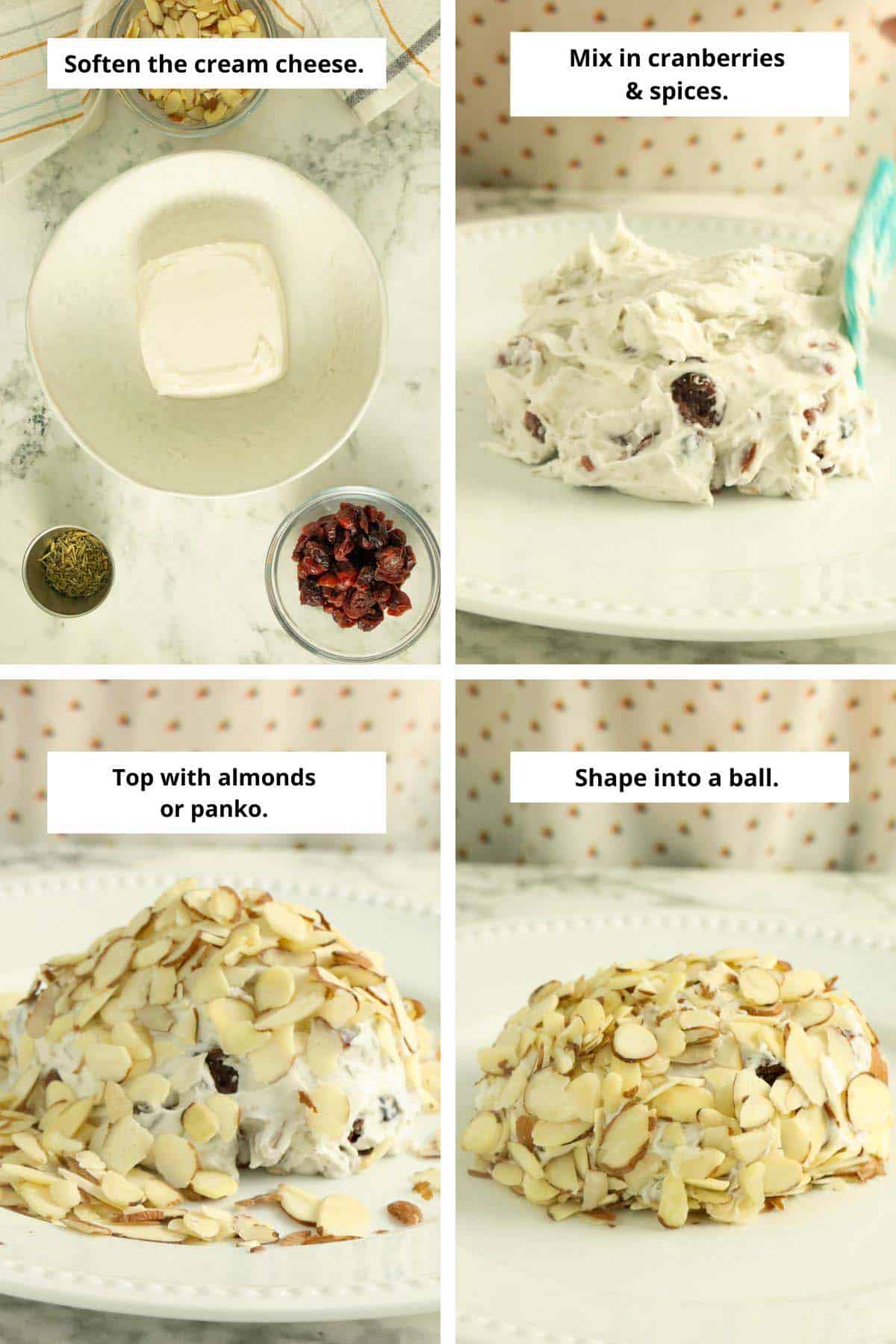 image collage showing cheese ball ingredients separately and mixed together, the almonds just after adding and after shaping the ball