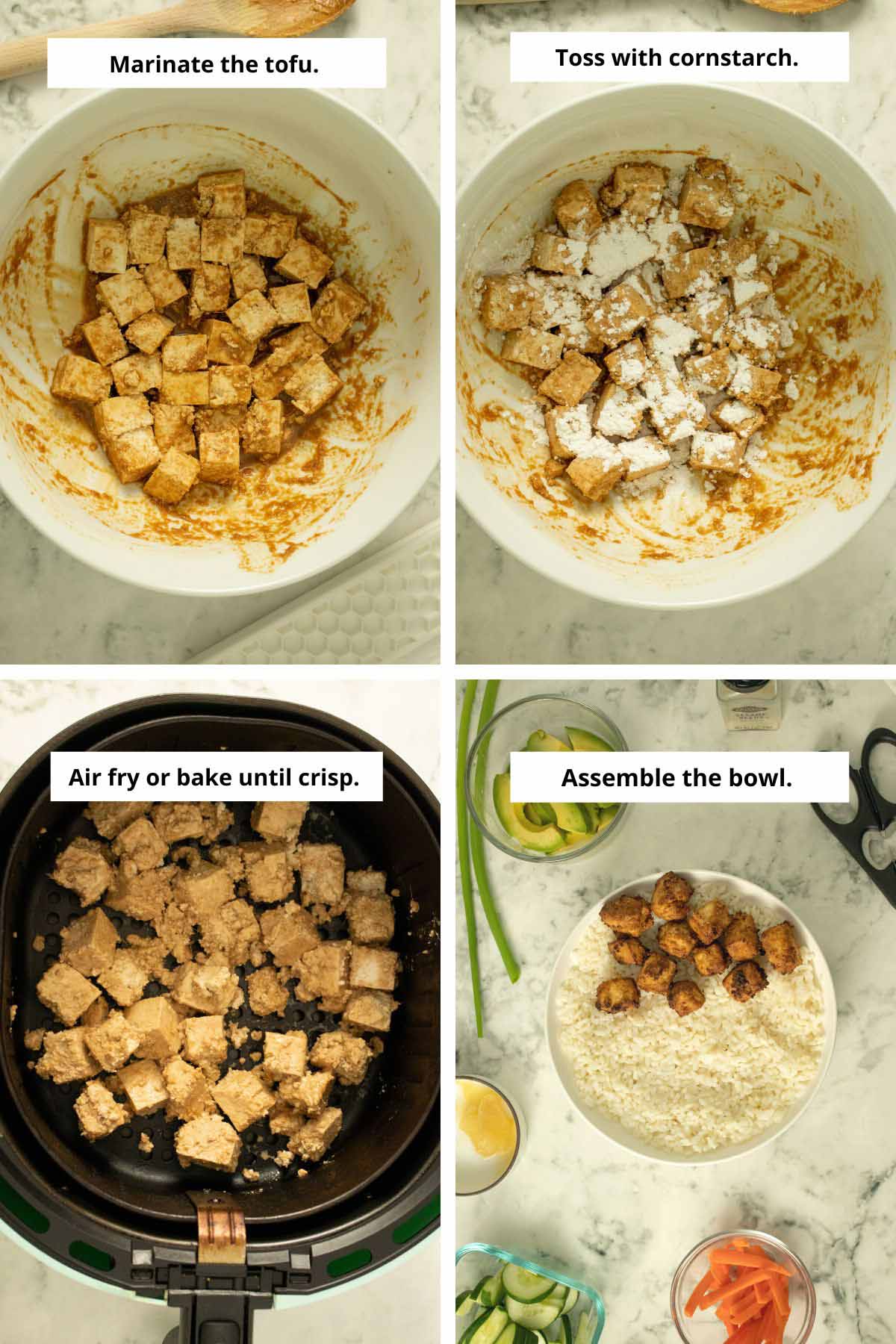 image collage showing tofu marinating, with cornstarch, in the air fryer, and piled onto the sushi bowl