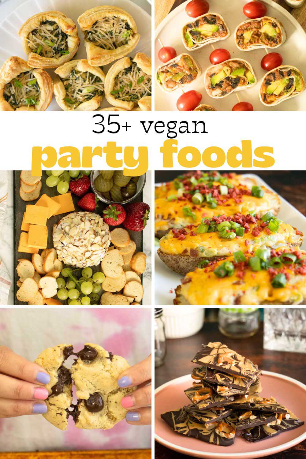 image collage of vegan party foods, text overlay