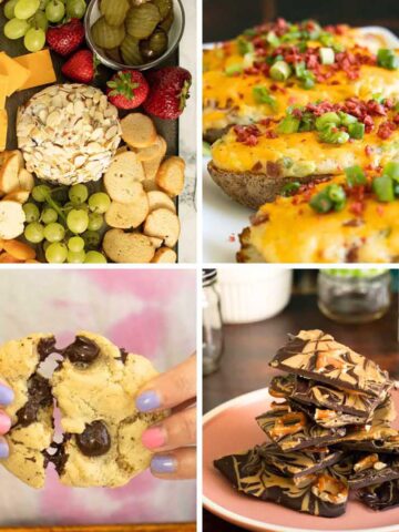 image collage of vegan party foods: cheese board, twice baked potatoes, cookies, chocolate bark