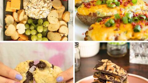 image collage of vegan party foods: cheese board, twice baked potatoes, cookies, chocolate bark
