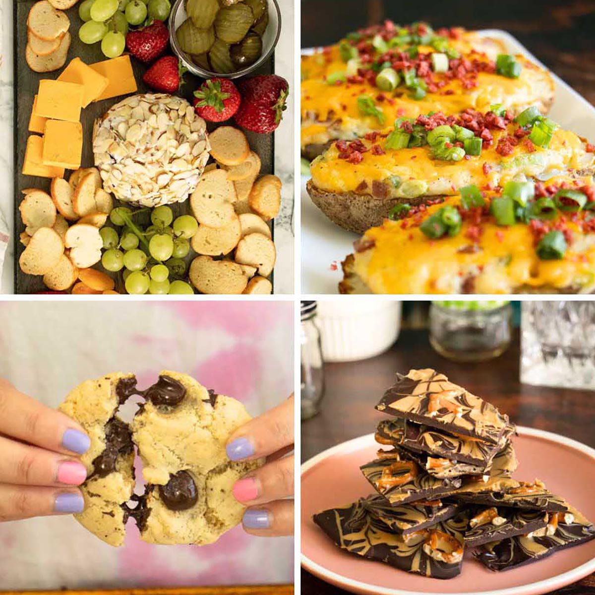 image collage of vegan party foods: cheese board, twice baked potatoes, cookies, chocolate bark