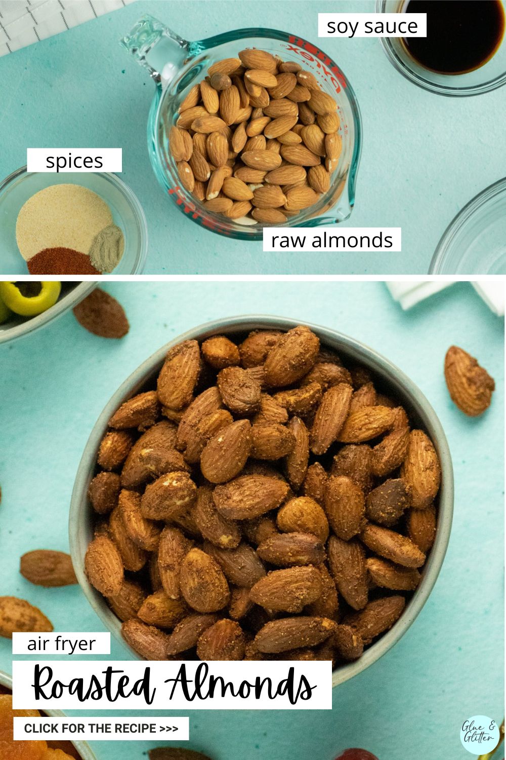 image collage showing air fryer almonds ingredients and the finished almonds in a bowl on a blue table