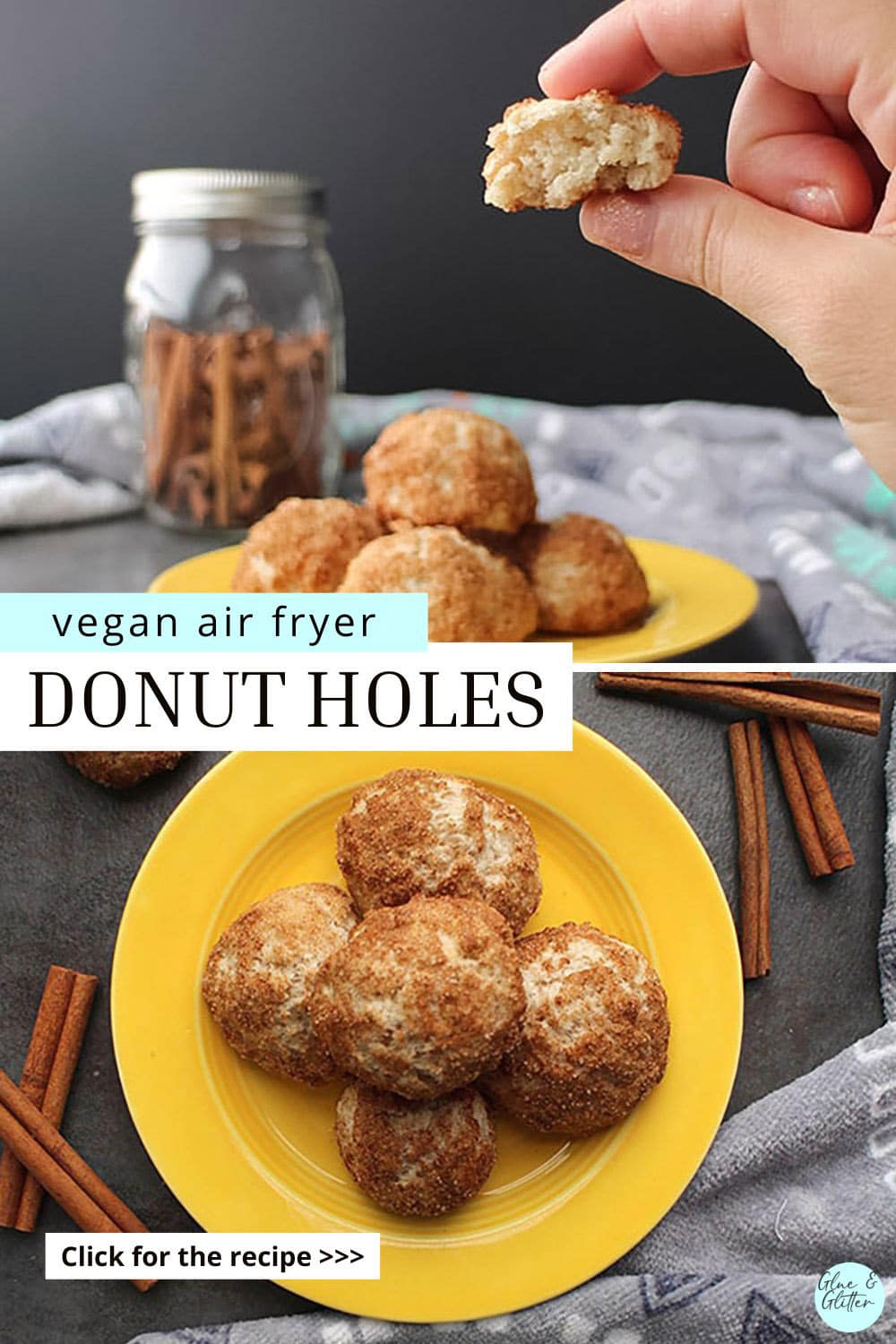 image collage showing an air fryer donut hole with a bite taken out and a stack of them on a plate. Text overlay.