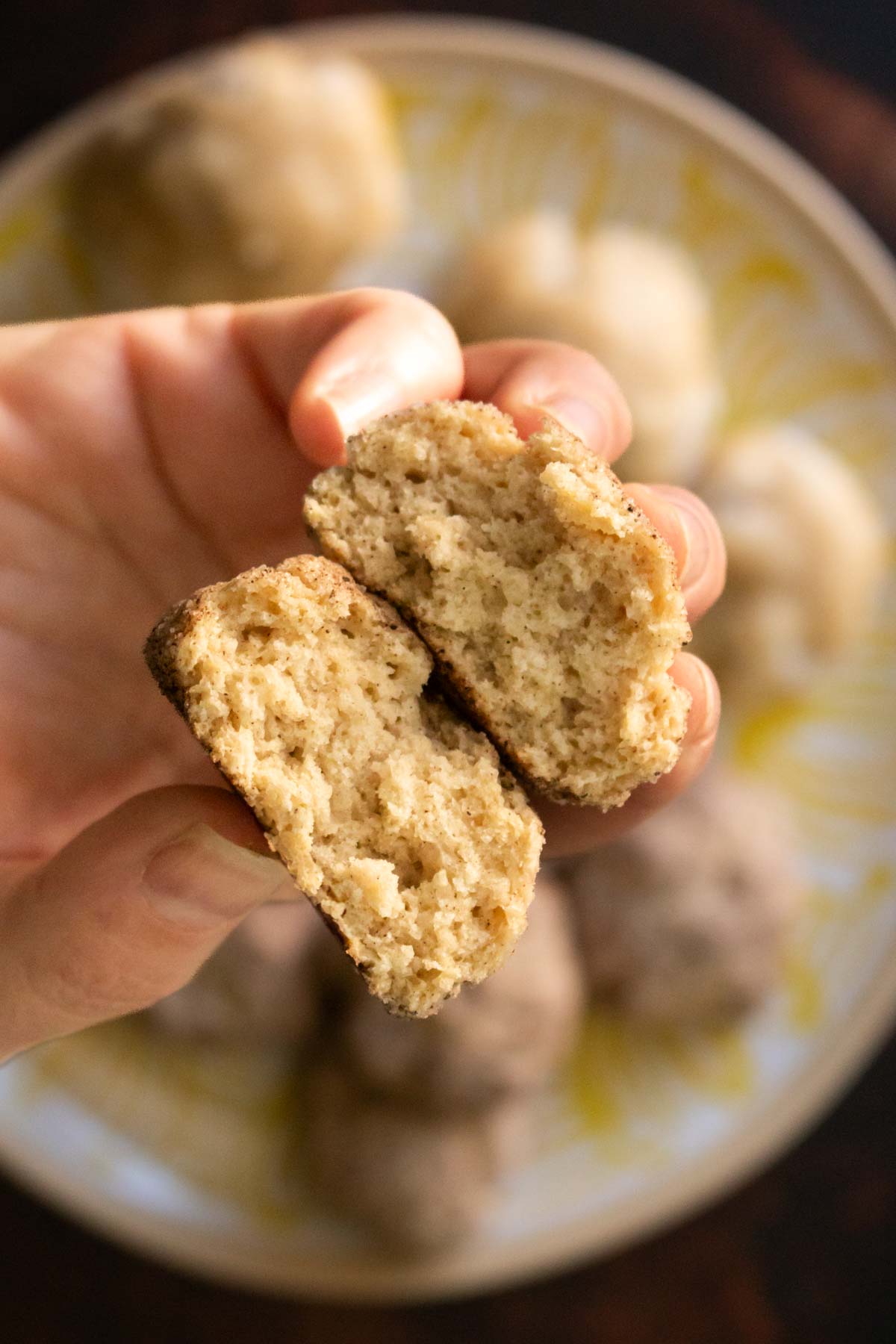 air fryer donut hole broken in half, so you can see the inside texture