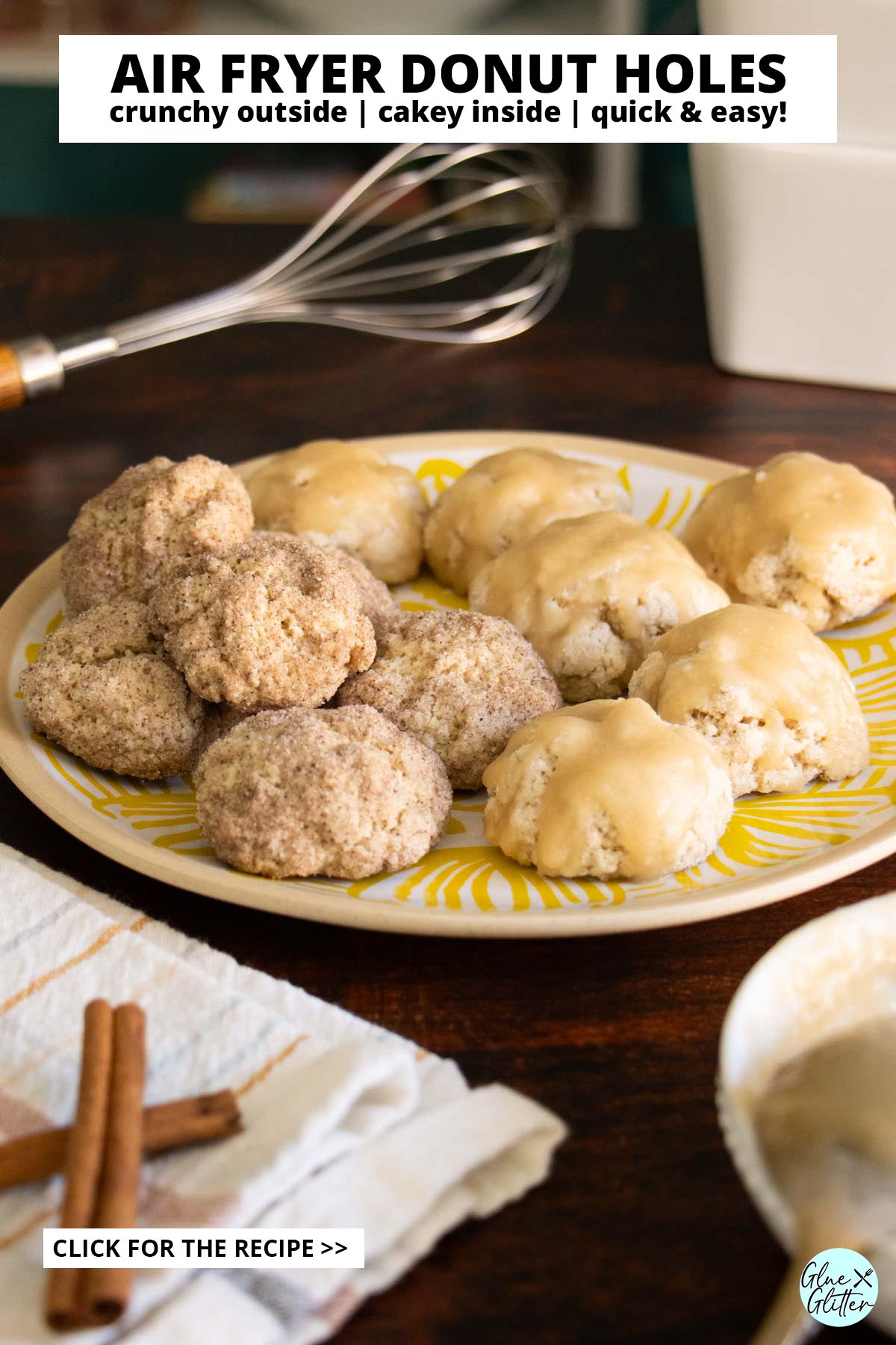 both kinds of air fryer donut holes on a plate, text overlay