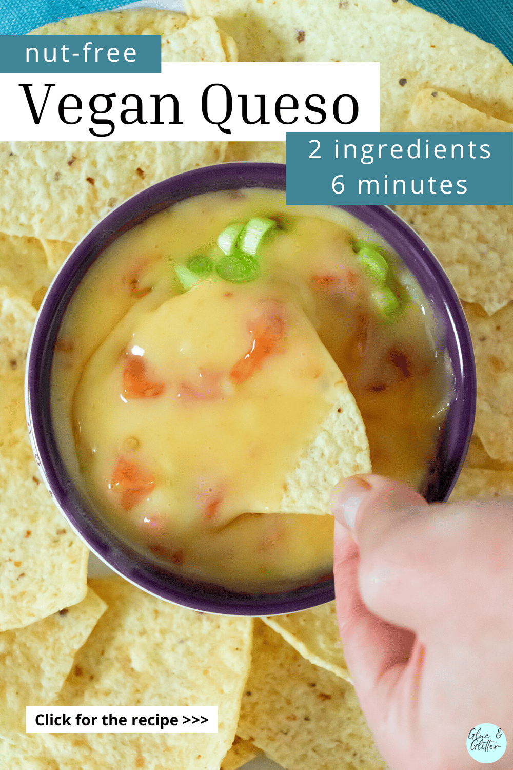 hand dipping a chip into vegan queso, text overlay