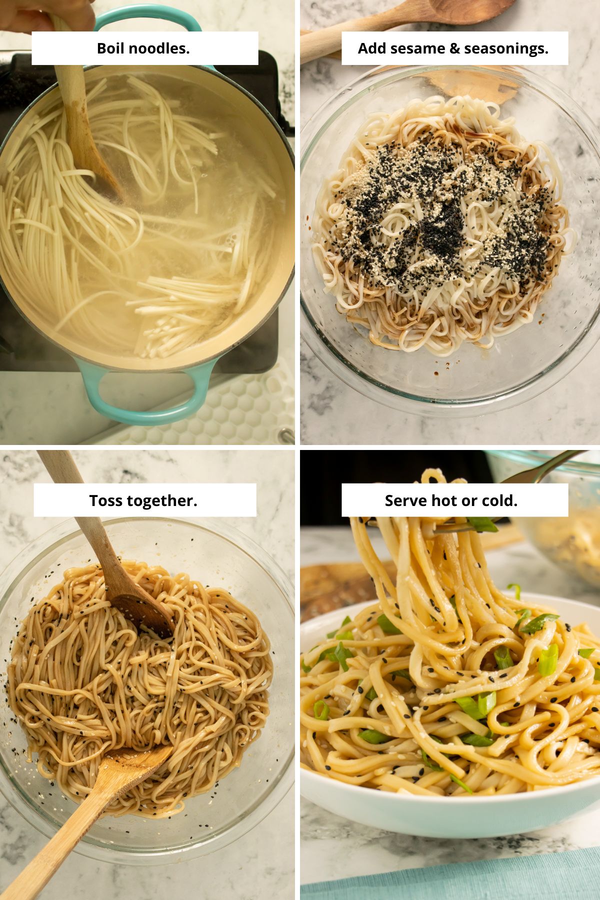 image collage showing boiling noodles, with the seasonings added before and after mixing and served in a bowl with green onion