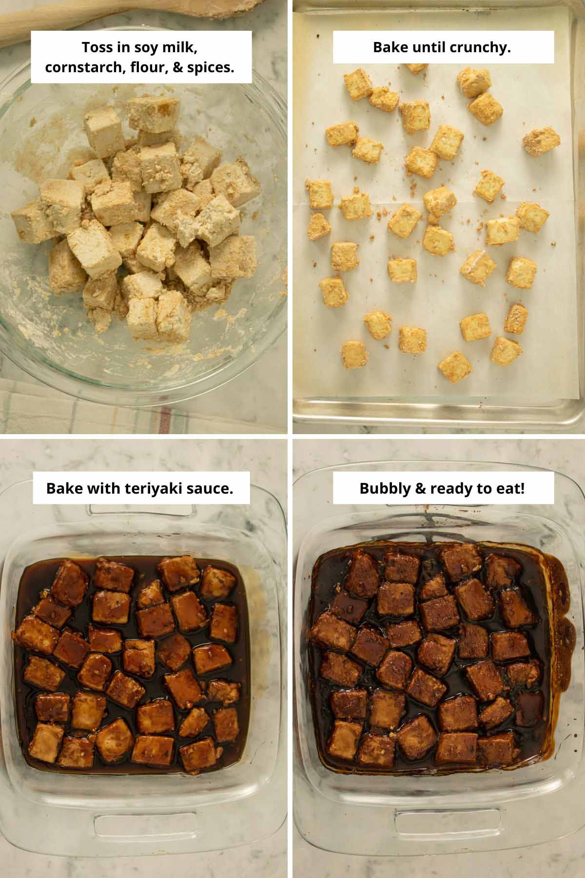 image collage showing the tofu tossed with flour, cornstarch, and spices; baked tofu on a baking sheet; and the tofu in the pan with teriyaki sauce before and after baking
