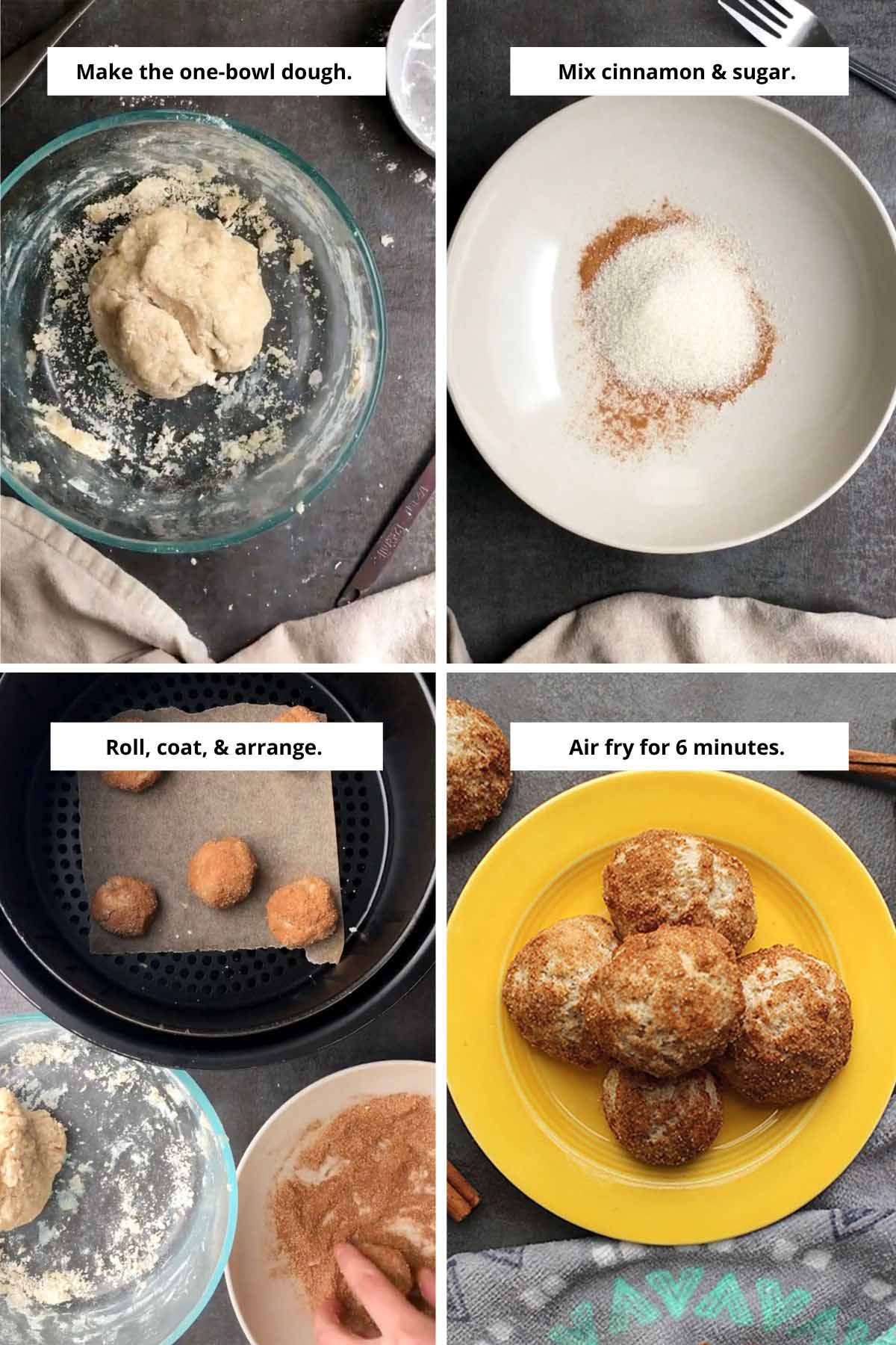 image collage showing the dough in the mixing bowl, the cinnamon and sugar in a small bowl, rolling the dough balls in cinnamon sugar, and the finished doughnut holes on a plate
