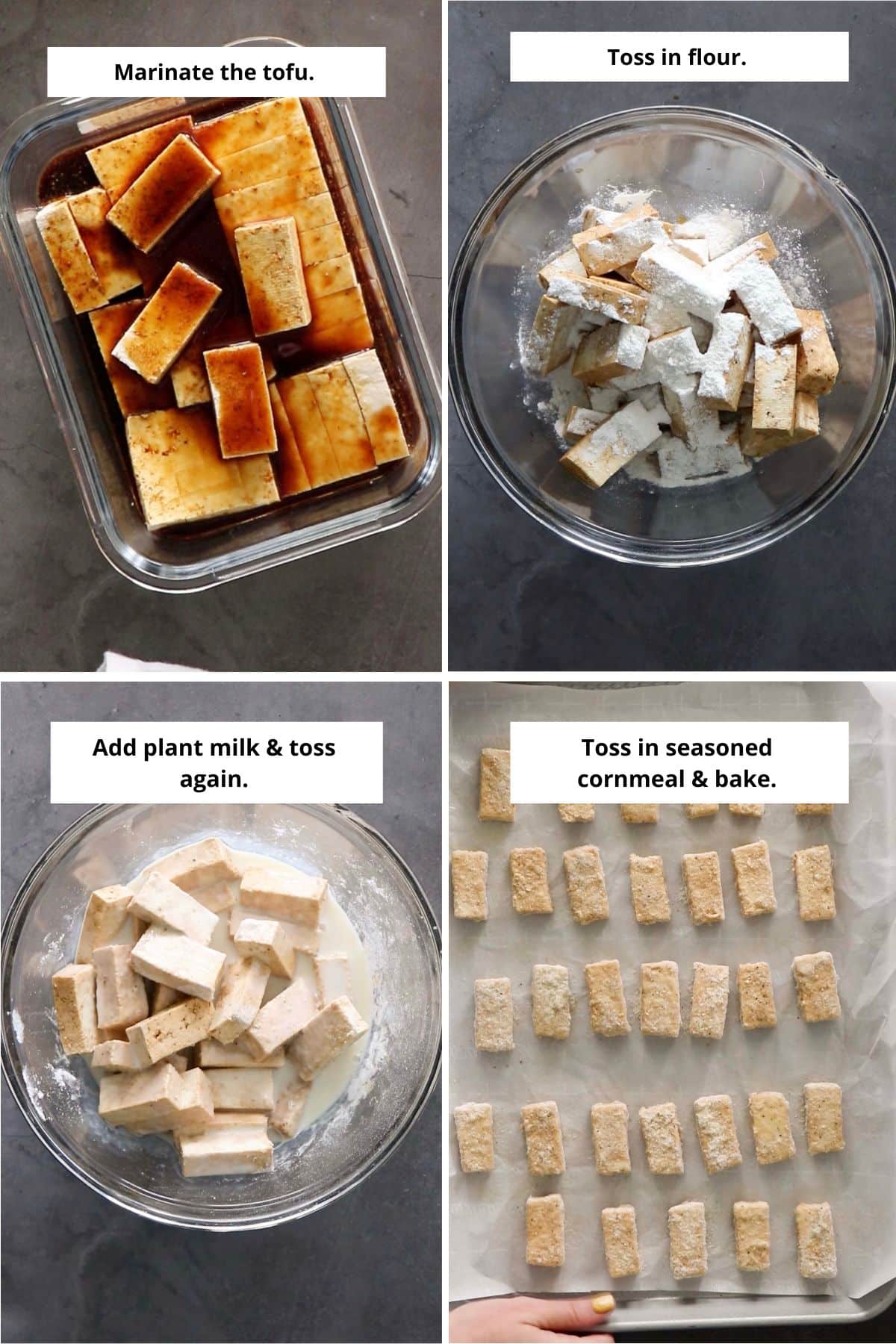 image collage showing tofu pieces marinating, before tossing in flour and milk, and after tossing in cornmeal, ready to bake. Each step labeled with text.
