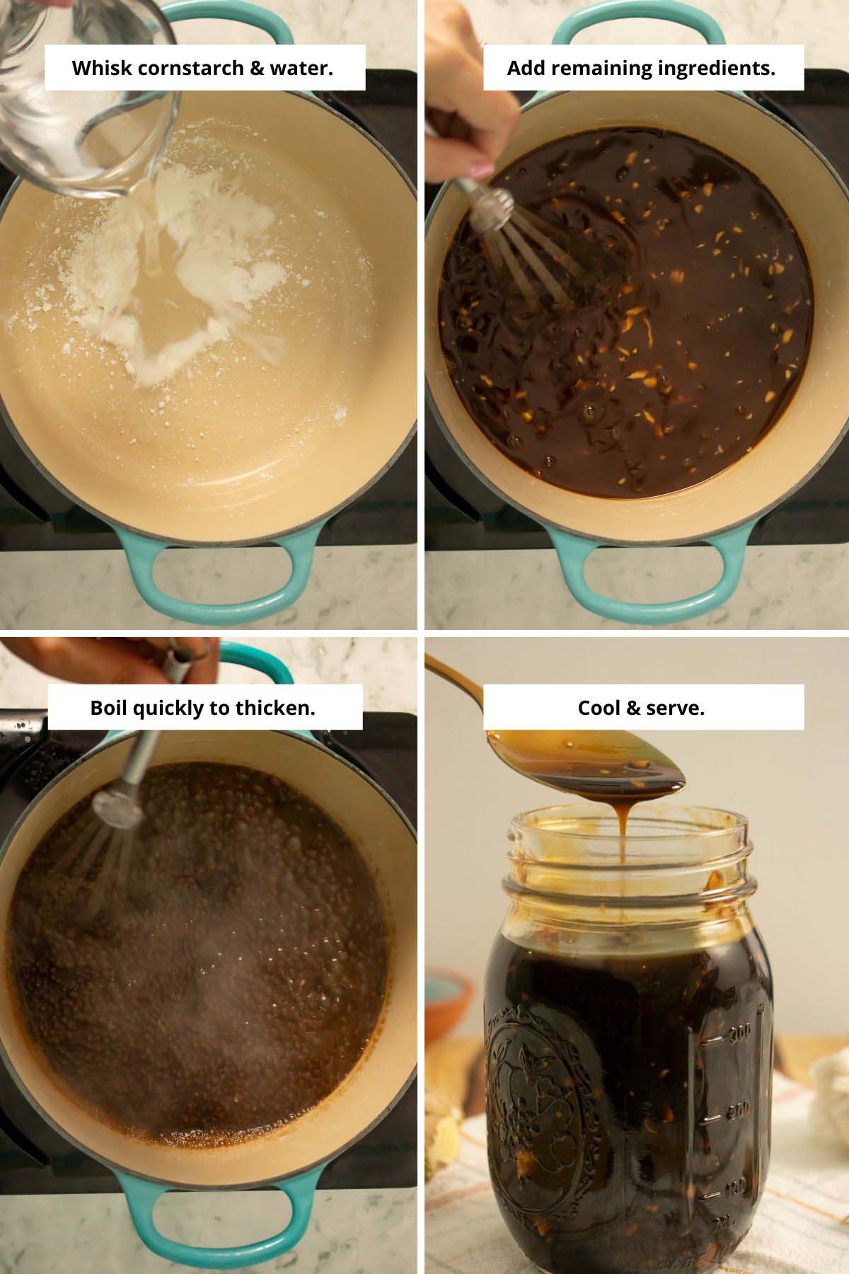 image collage showing combining the water and cornstarch in the pan, whisking all the sauce ingredients together, the sauce boiling in the pan, and the finished bottle of teriyaki sauce with a spoon drizzling sauce