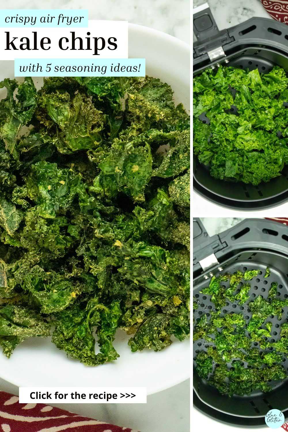 image collage of air fryer kale chips in a bowl and in the air fryer basket before and after cooking, text overlay