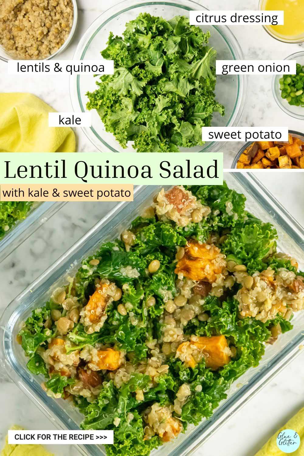 image collage showing the lentil quinoa salad ingredients with text labels and the assembled salad in a meal prep container