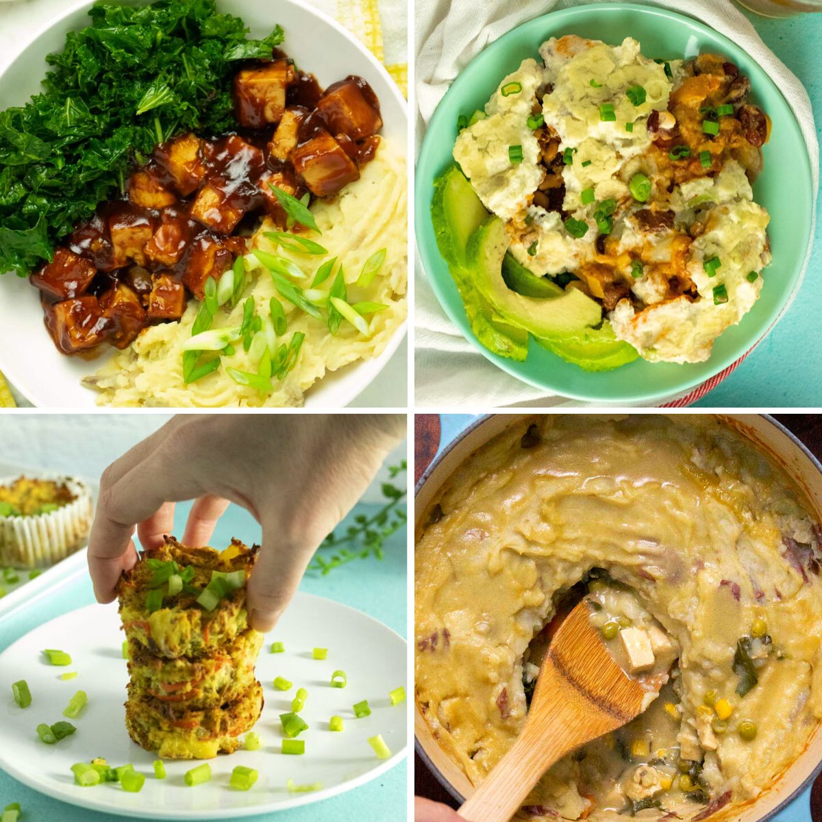 image collage showing a mashed potato bowl, chili pie, mashed potato cakes, and shepherd's pie