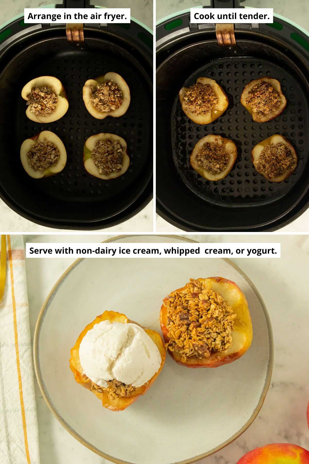 image collage of the baked apples in the air fryer basked before and after cooking and air fryer baked apples on a plate with vegan ice cream