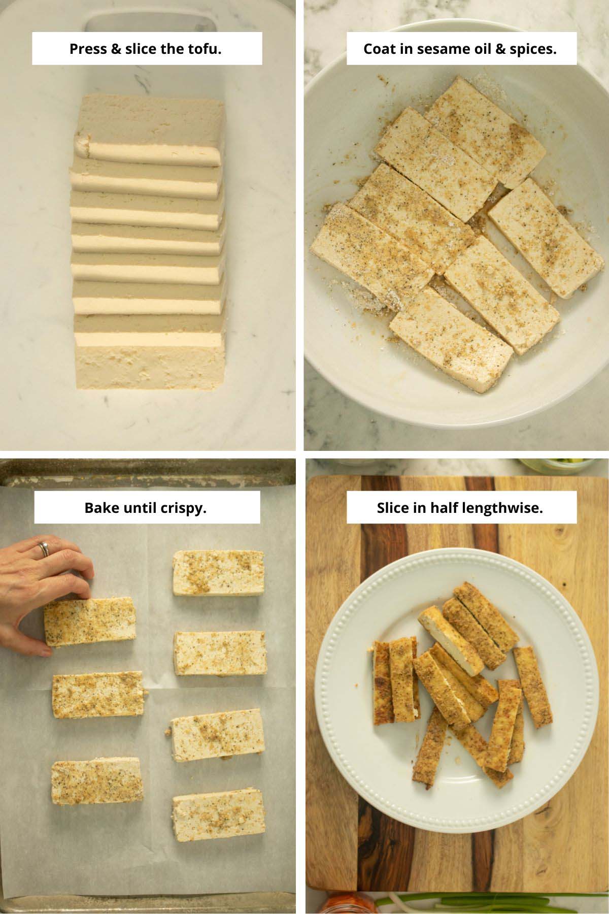 image collage showing sliced tofu on the cutting board, in a bowl, on a baking sheet, and after baking and slicing in half