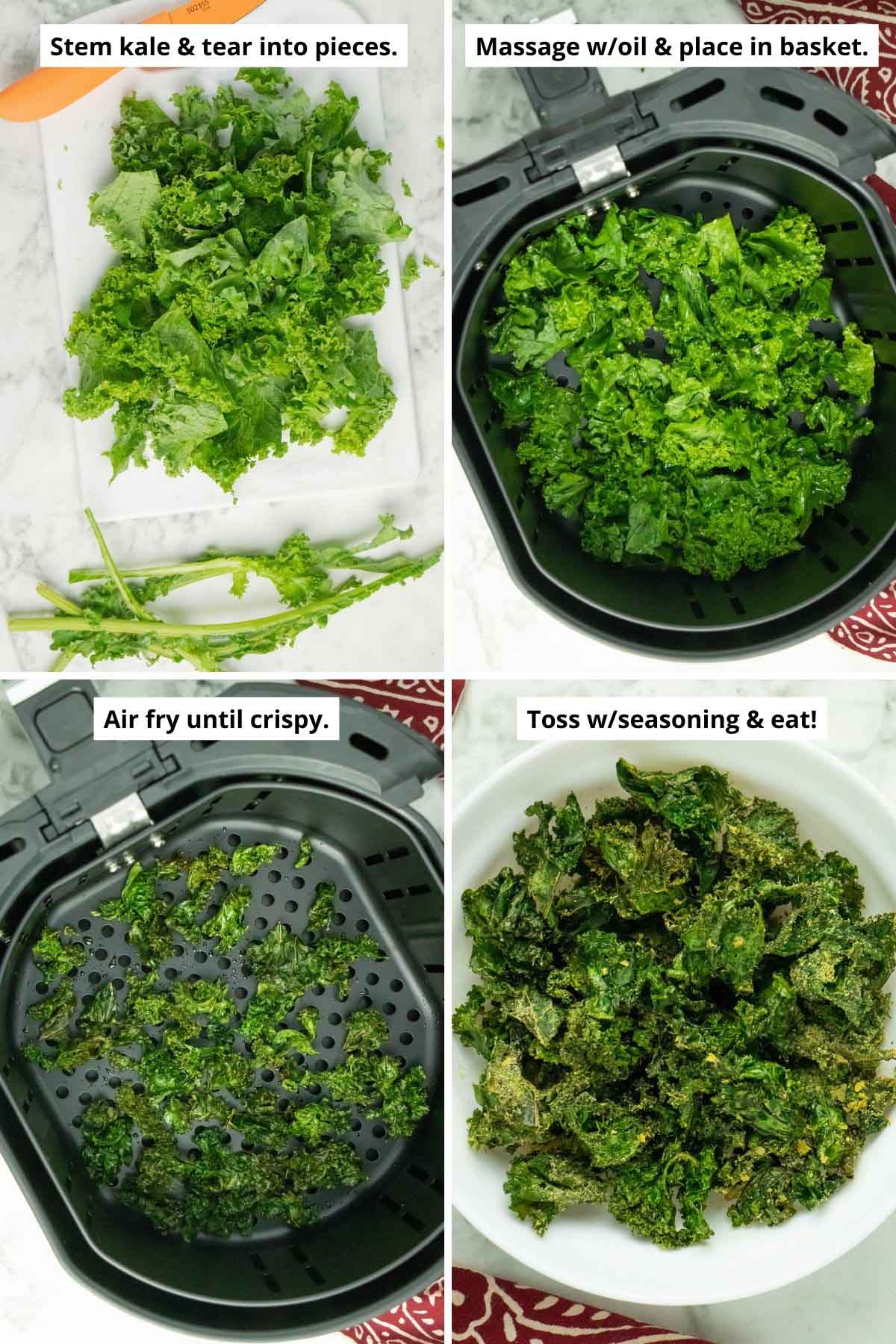 image collage showing the stemmed and torn up kale , massaged kale in air fryer basket before and after cooking, and seasoned kale chips in a bowl