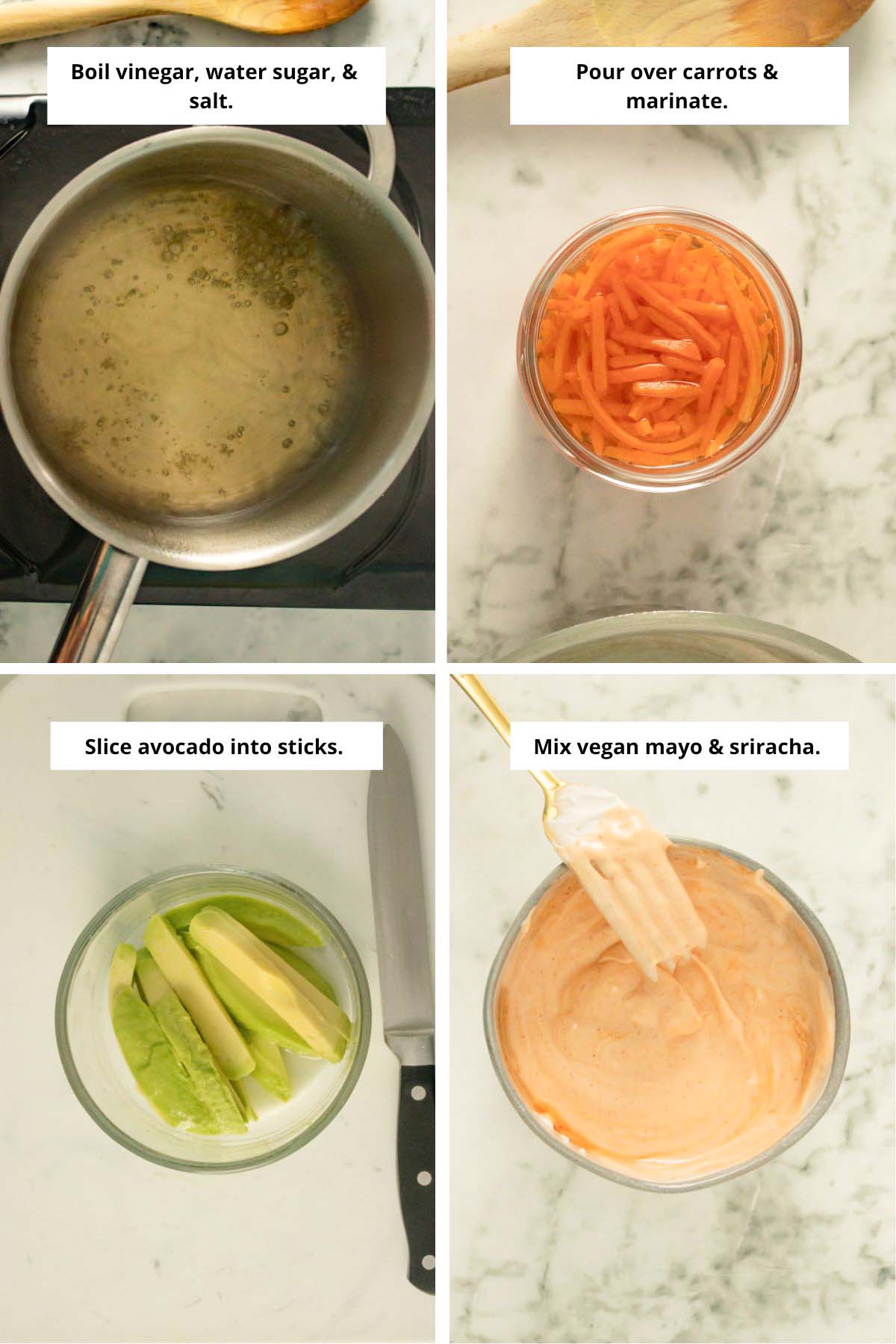 image collage showing boiling brine, pickled carrots, sliced avocado, and sriracha mayo