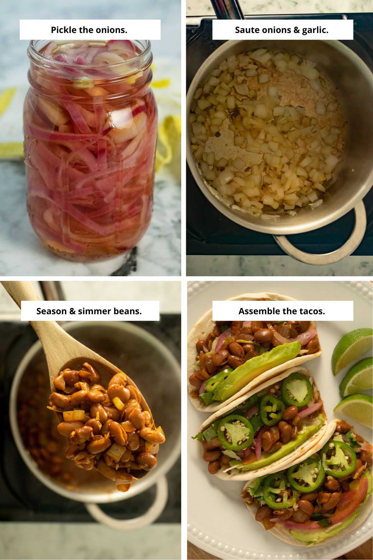 image collage showing the pickled onions, sautéed onions, cooked pinto beans, and tacos after assembly