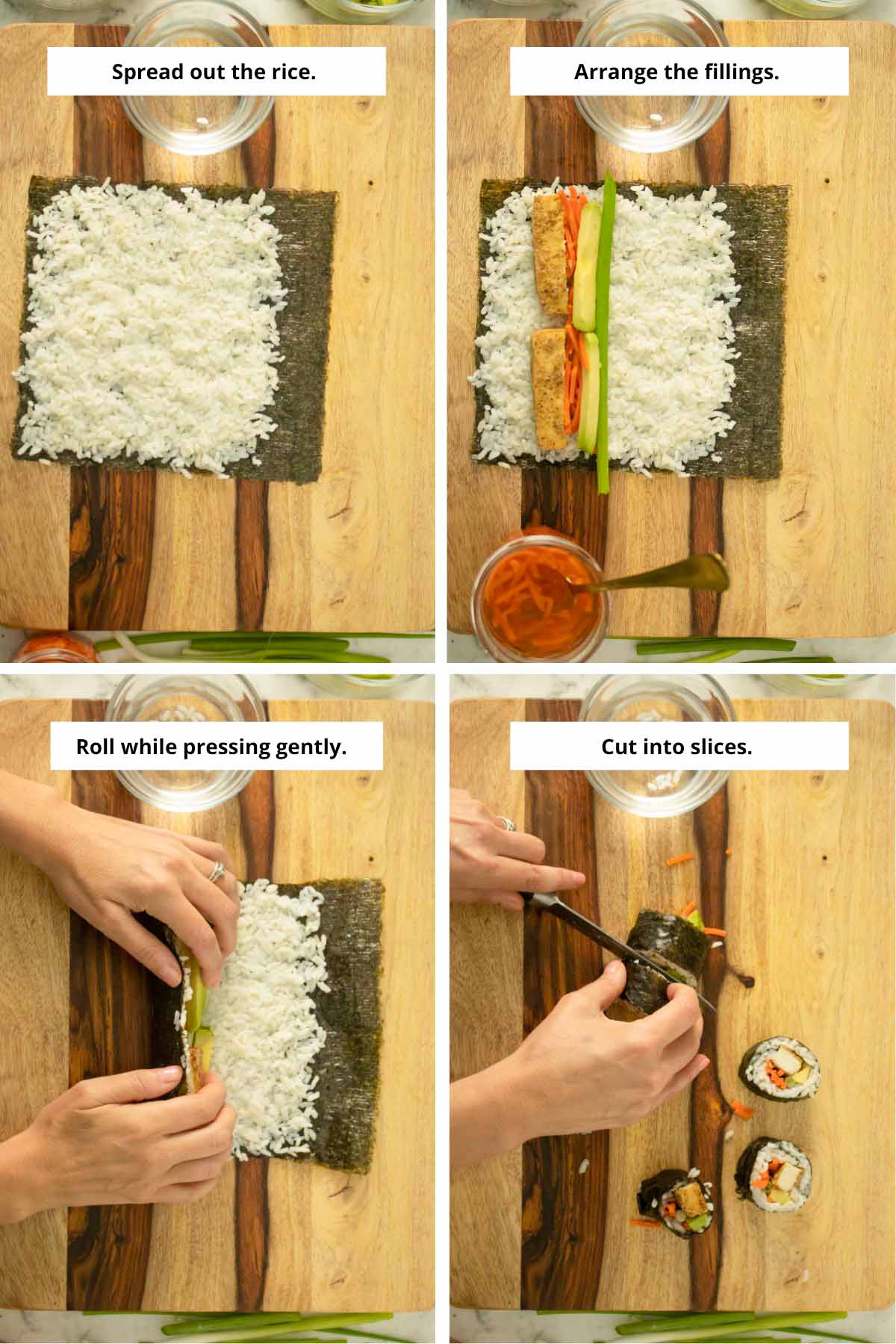 image collage showing nori sheet with rice on it, then with fillings added, then being rolled up, then being sliced