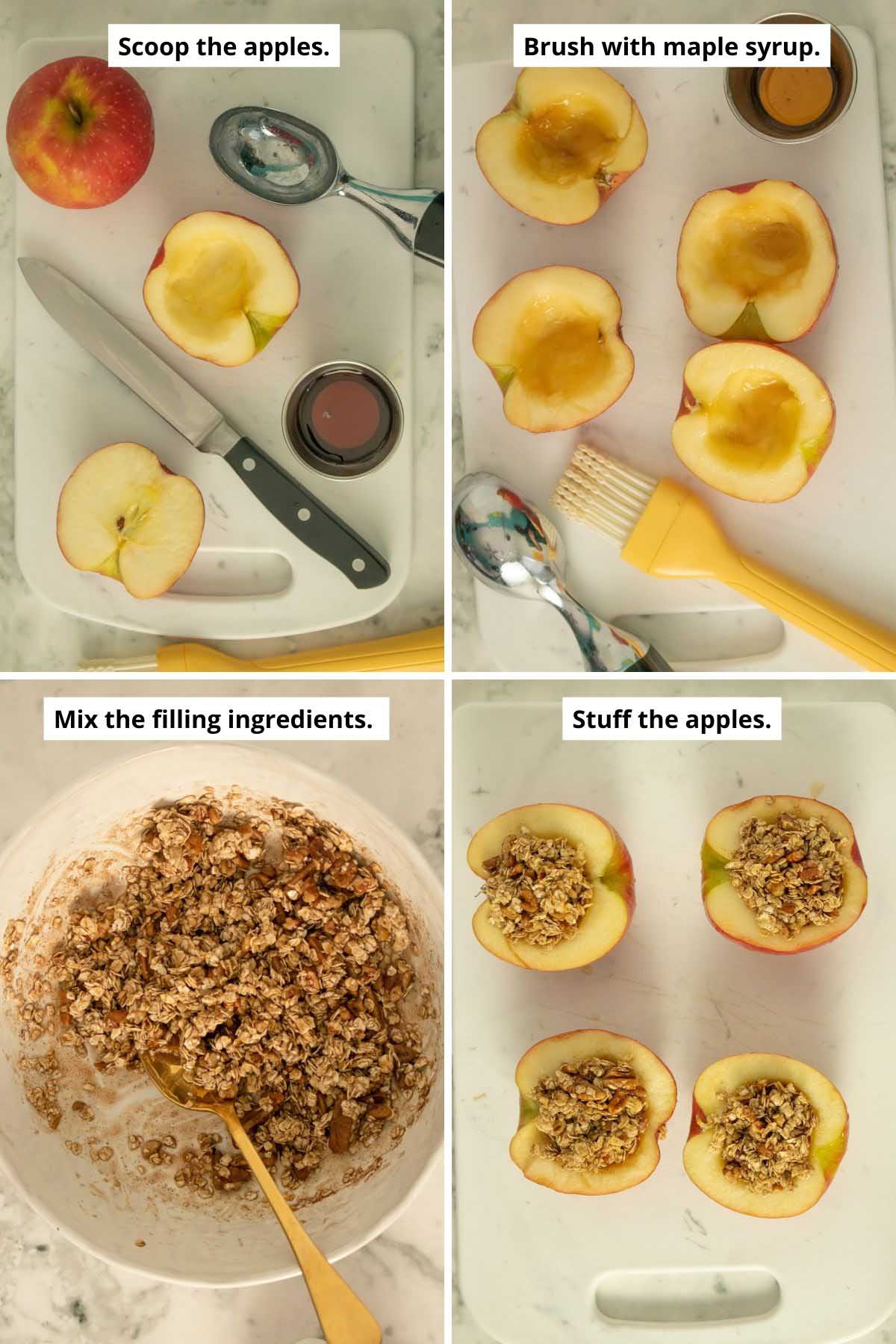 image collage showing scooping then apples, brushing them with maple syrup, the mixed filling in a bowl and the filling in the apples