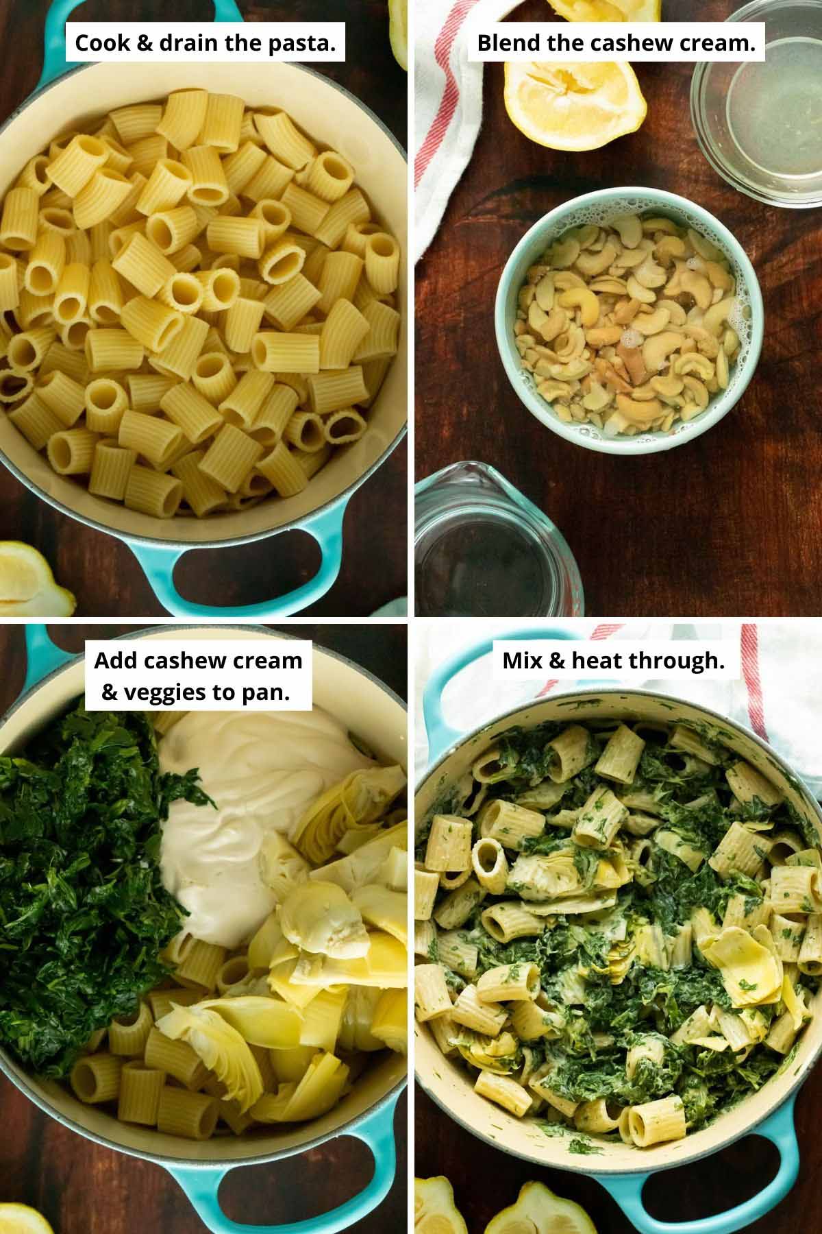 image collage showing cooked and drained pasta, cashew cream ingredients, all the pasta ingredients in the pot before and then after mixing together