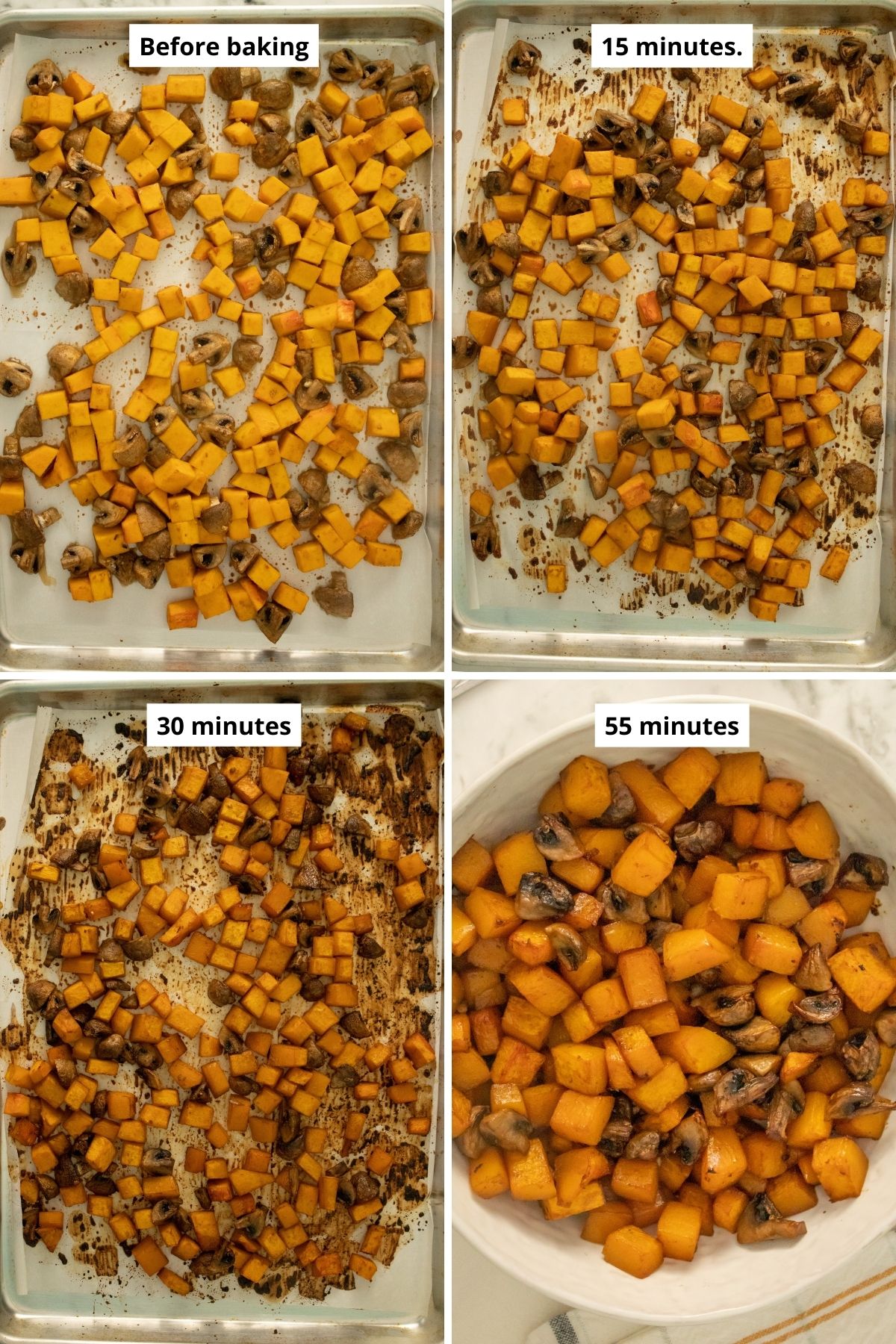 image collage showing the progression of the butternut squash after baking in 15 minute increments