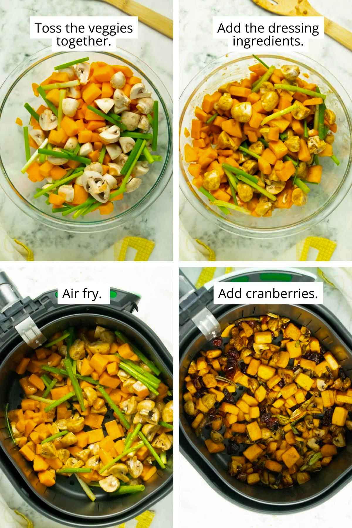 image collage showing the cut veggies before and after adding dressing, veggies in the air fryer before and after cooking