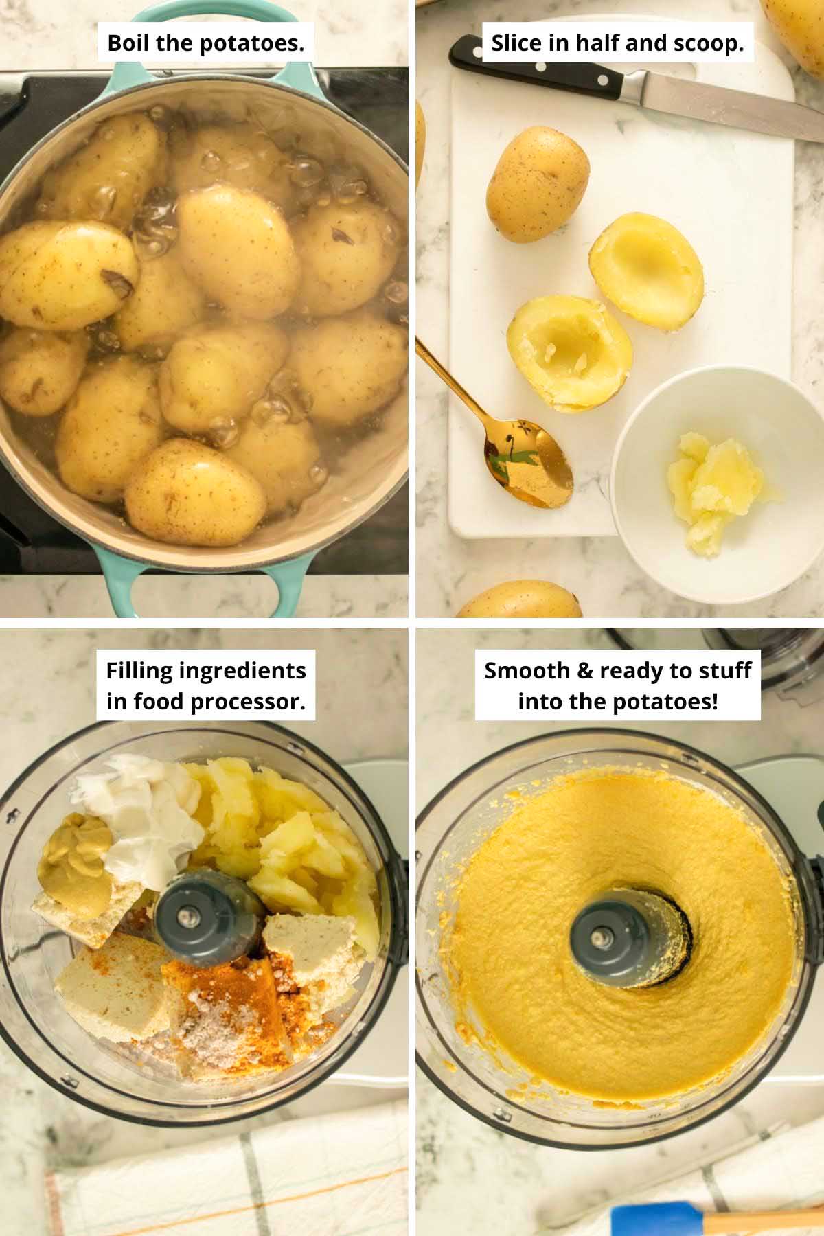 boiling and scooping the potatoes and making the tofu filling