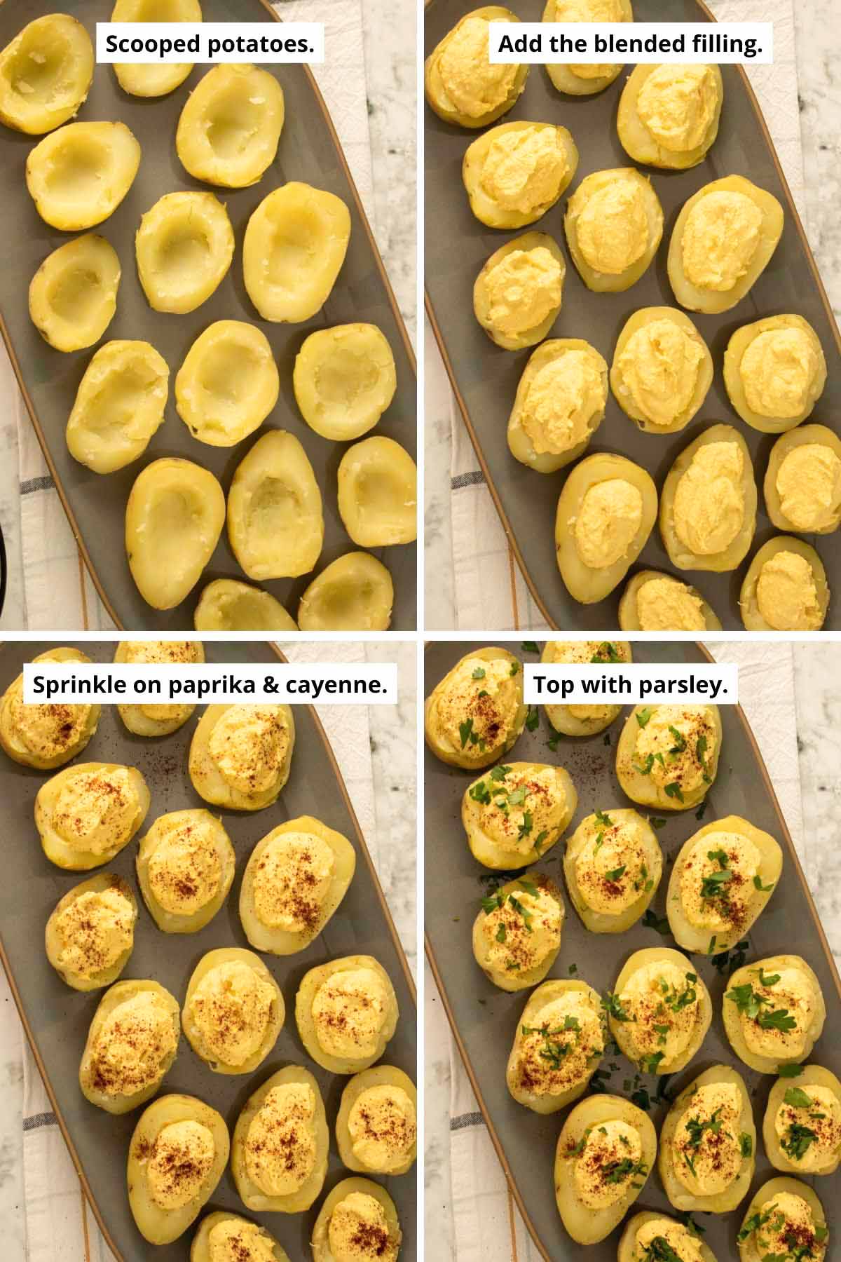 scooped potatoes before and after adding filling and after adding the toppings