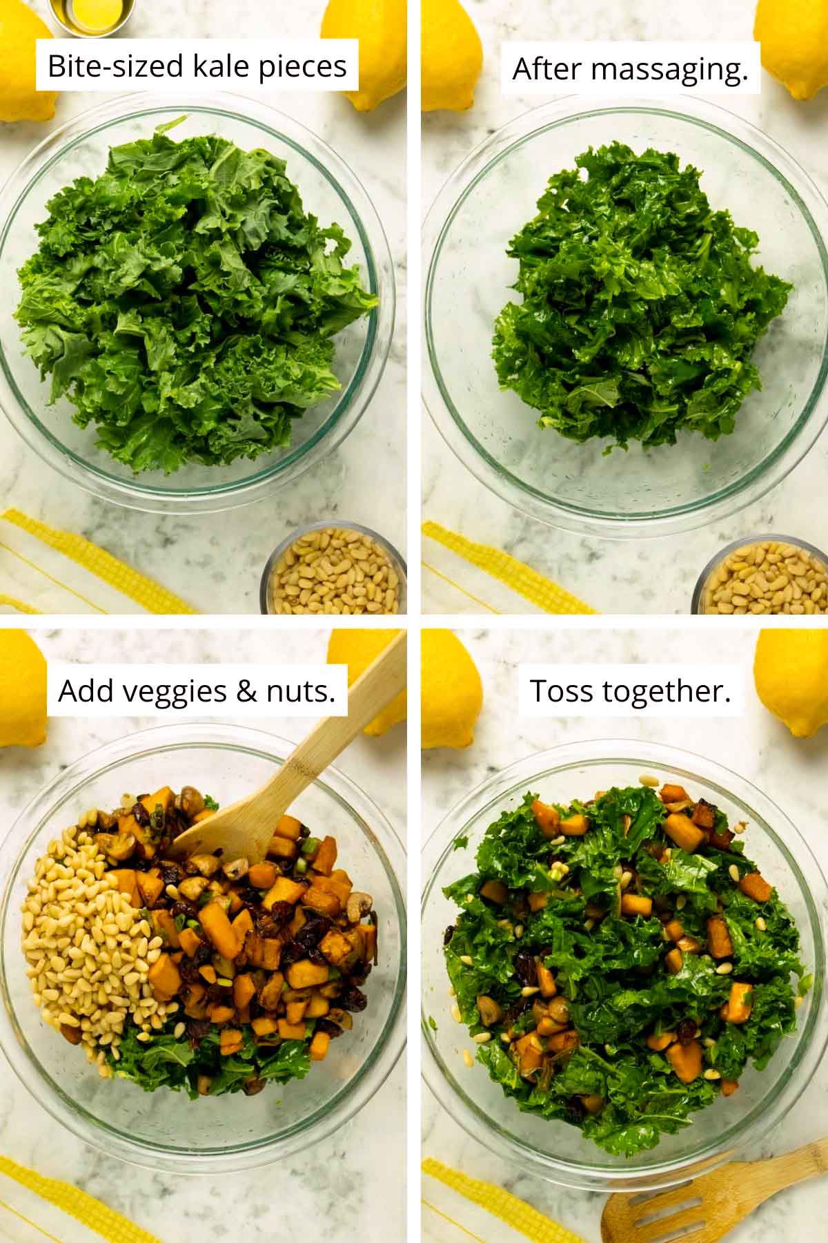 image collage of kale before and after massaging and adding and tossing in the other salad ingredients