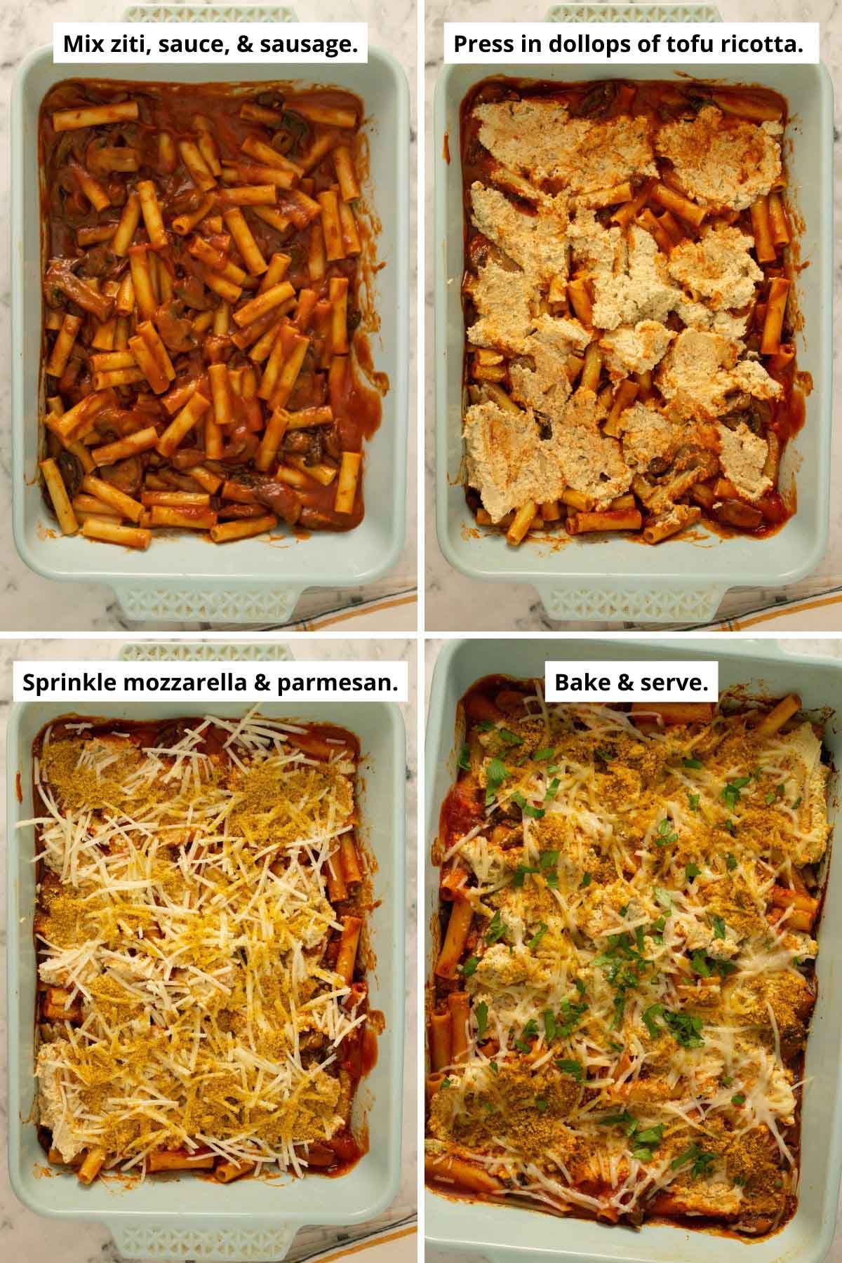 image collage showing the ziti mixed with sauce and mushrooms, how to add the tofu ricotta, topping with the other cheeses, and how it looks after baking