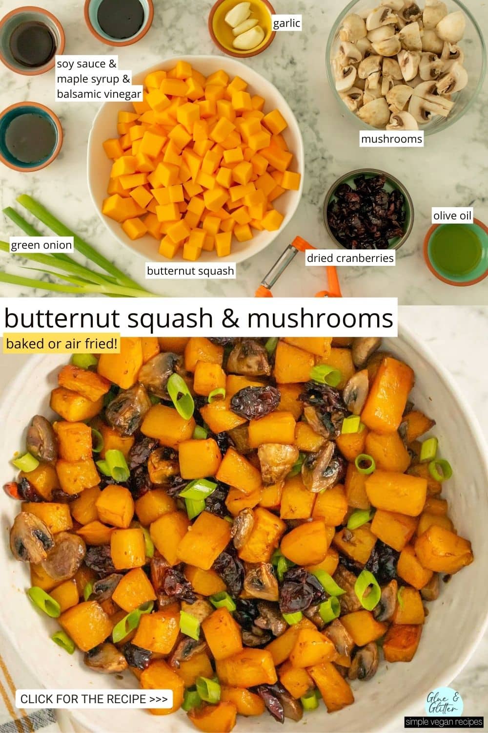 image collage of butternut squash and mushrooms in a serving bowl and the ingredients with text labels on each one