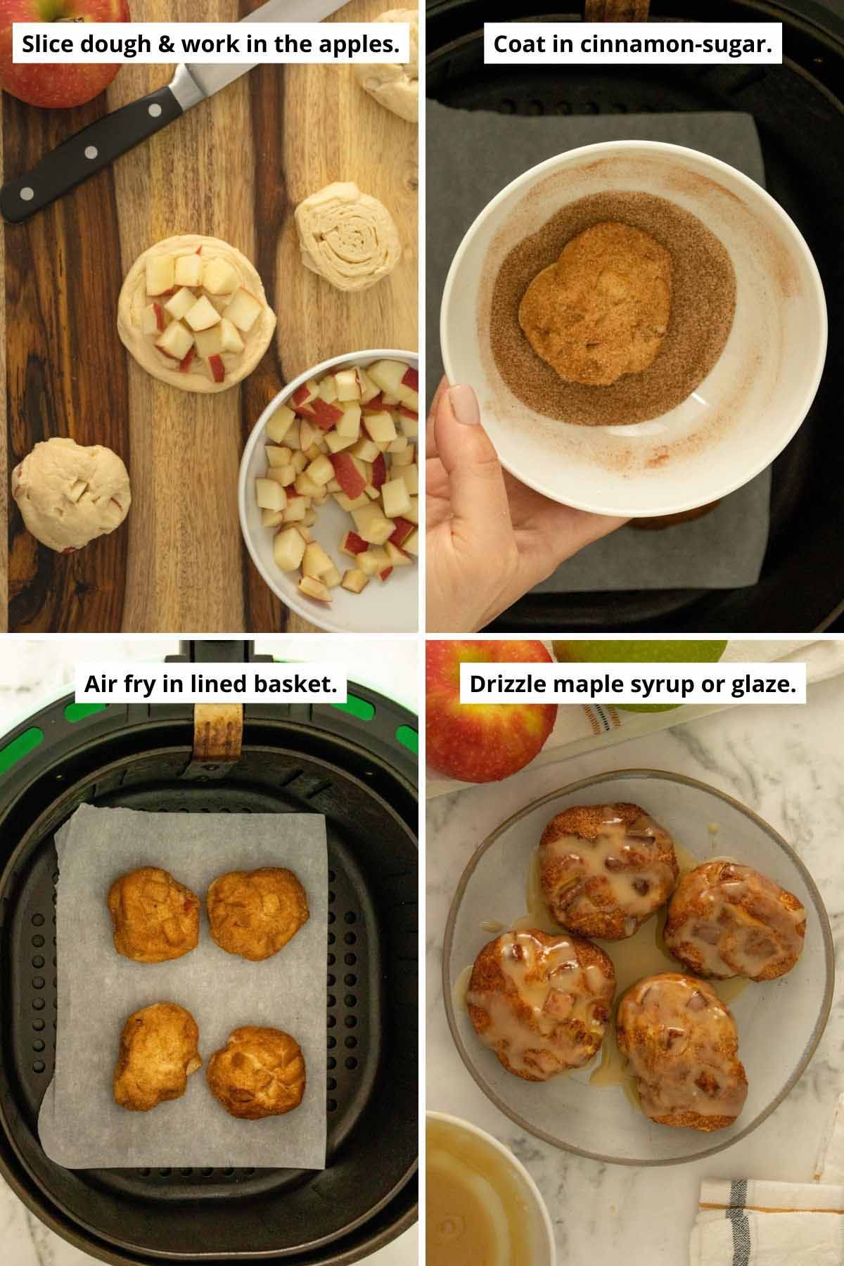 image collage showing making the fritters, coating in cinnamon-sugar, arranging in lined air fryer basket, and after glazing