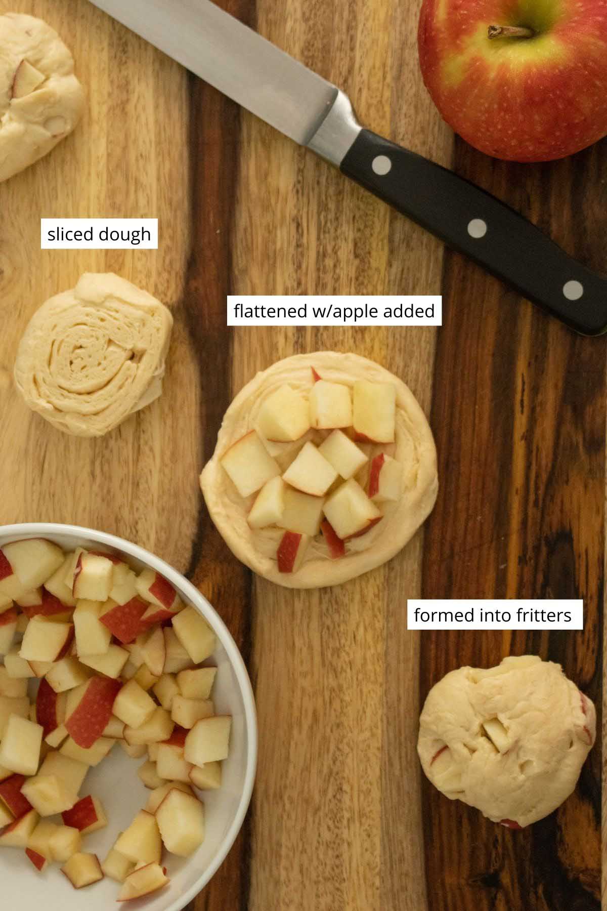 photo of a dough slice, one flattened with apple pieces, and one fritter after working the apple into the dough. Text labeling each one
